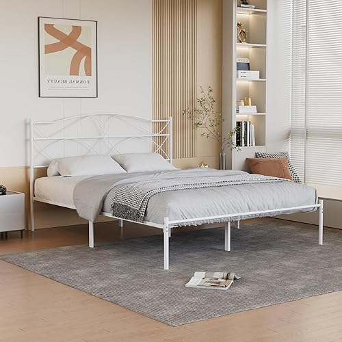 Miniatura 73 de VECELO Base de cama de plataforma metálica de tamaño matrimonial con cabecera y estribo, base de colchón de soporte de listones resistentes, no