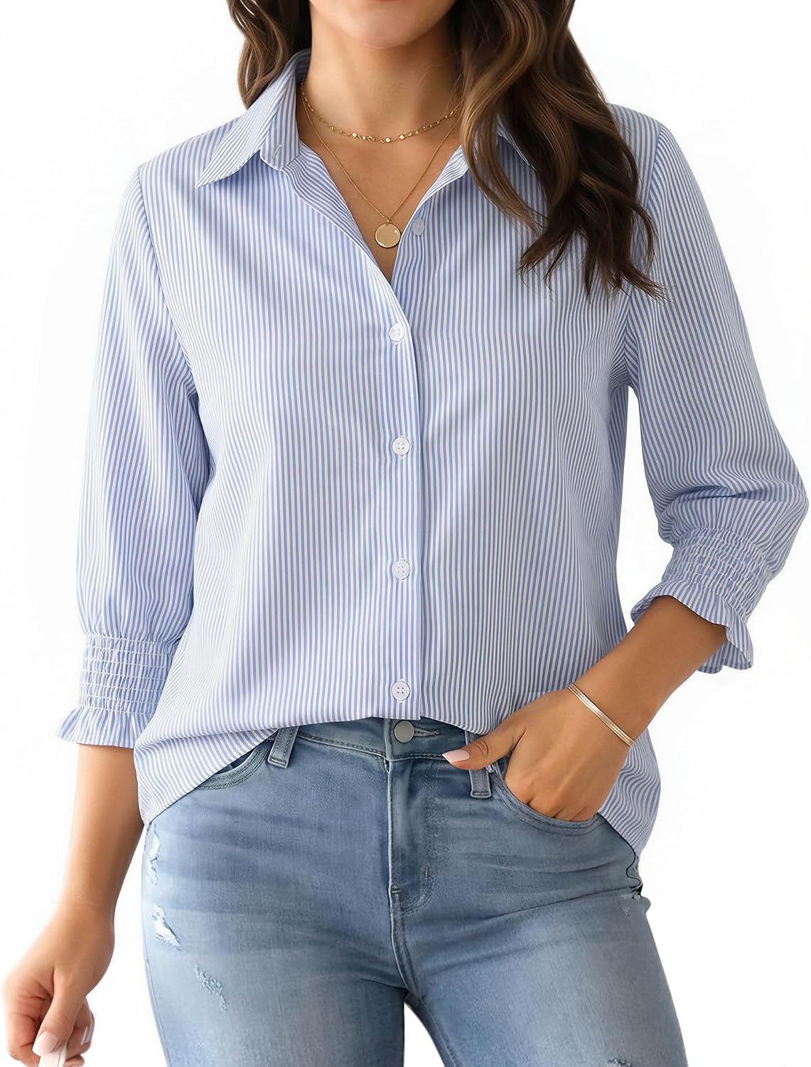 MANGOPOP Striped Button Down Shirts for Women 3/4 Sleeve Collared Neck Blouses Ruched Smocked Shirt Business Casual Tops