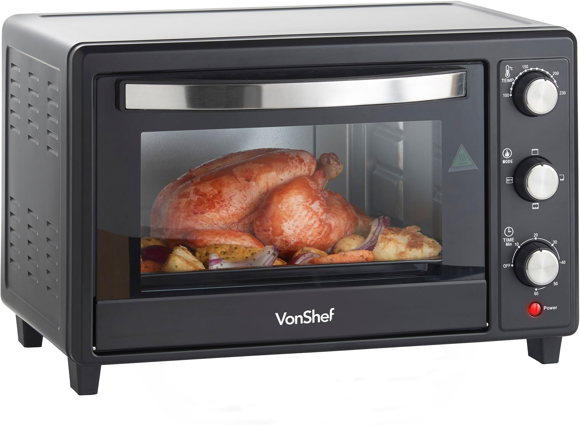VonShef 26Qt / 30L Black Mini Countertop Toaster Mini Oven & Grill 1400W with Baking Tray & Wire Rack