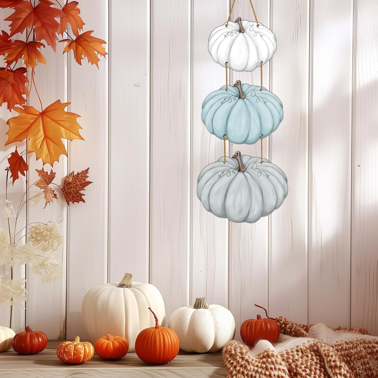 Fall Door Decor White Blue Pumpkin Wall Decor Wooden Front Door Hanger Sign for Autumn Thanksgiving Harvest Farmhouse Porch Indoor Outdoor Home Decorations