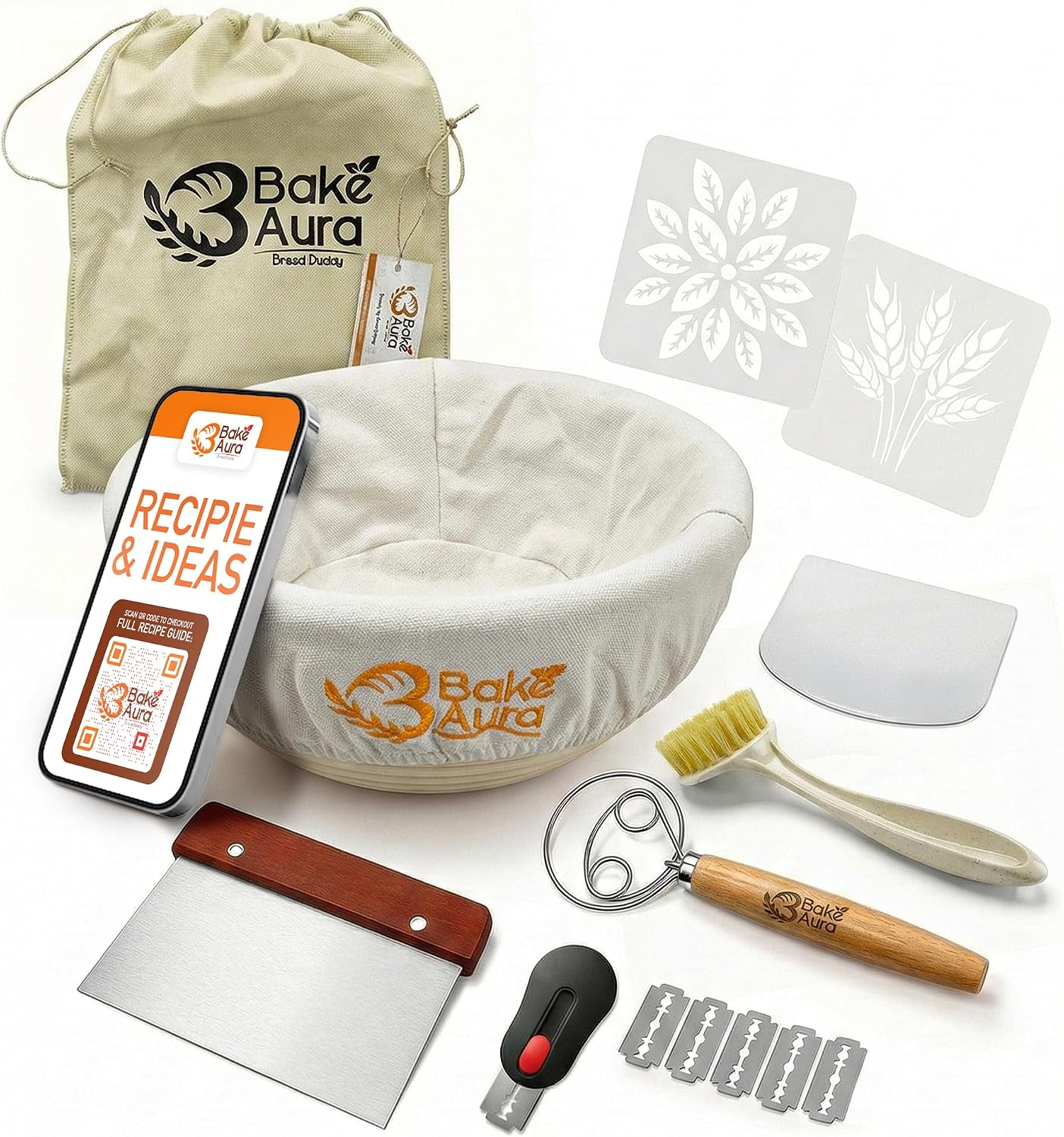 Bake Aura Sourdough Bread Proofing Basket Round 9 Inch – Pure Indonesian Rattan Banneton with Linen Liner, Splinter-Free & Food-Safe Artisan Dough Rising Bowl for Homemade Bread