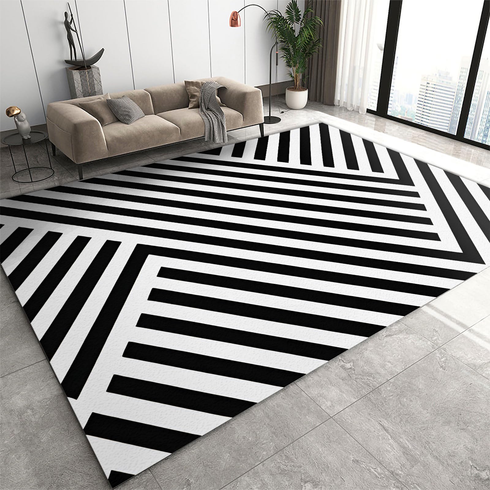 Area Rug 160x200cm Modern Black White Striped Floor Decor, Abstract Neutral Area Rugs, Fashion Entry Rug Lightweight Non Shedding Machine Washable Non Slip Low Pile for Guest Room hardwood Floors