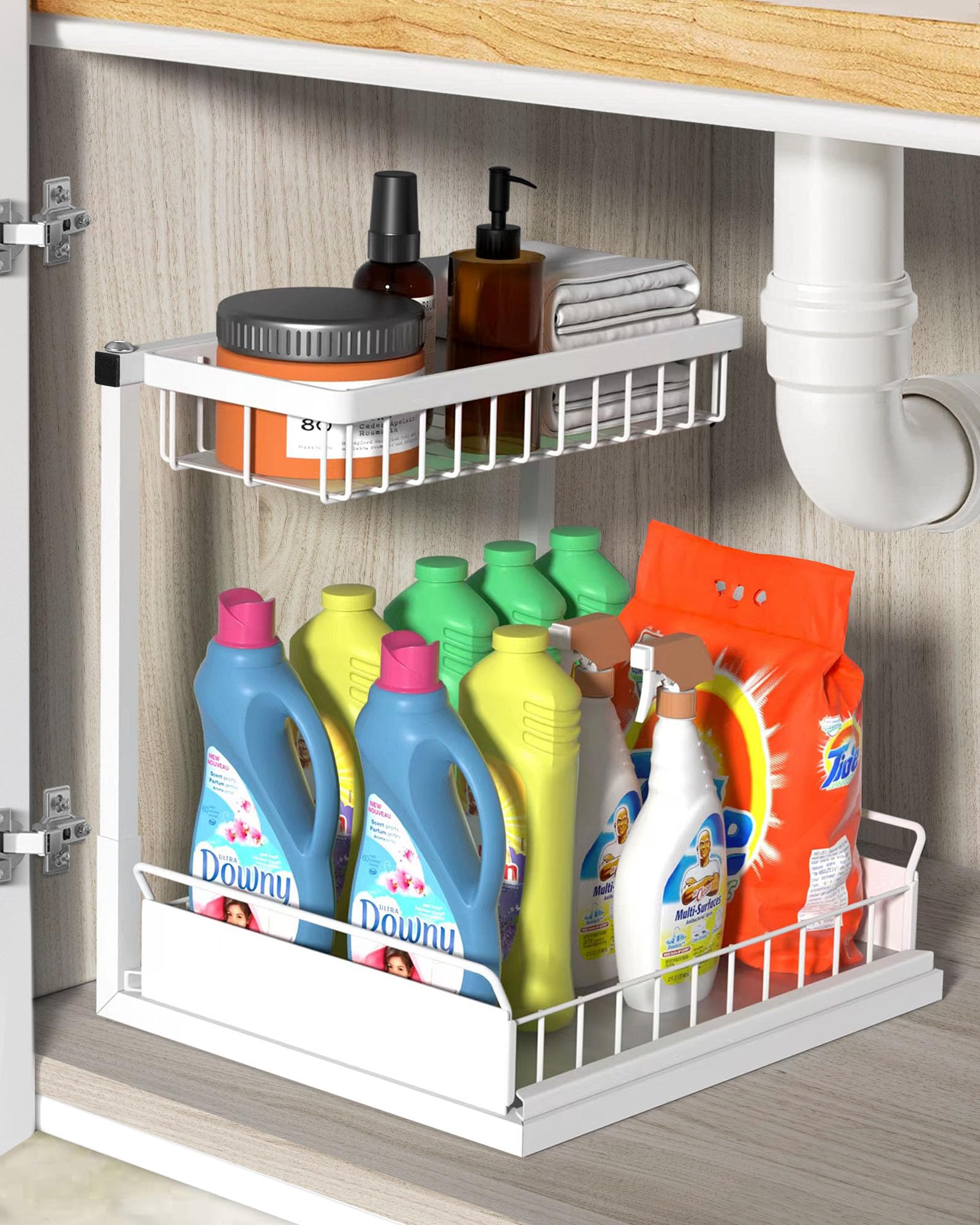 Zyerch Under Sink Organizer,Metal Pull Out Kitchen Cabinet Organizer with Sliding Drawer,Sturdy Multi-Functional for Bathroom Organization,White