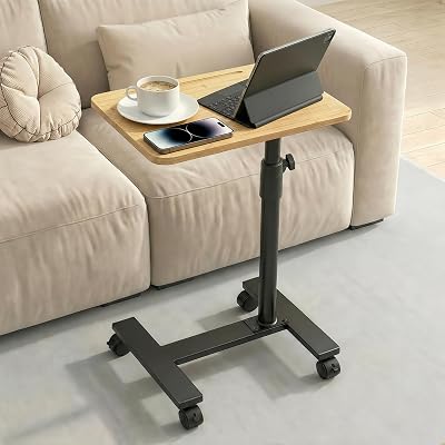 Liufang C Shaped Side Table with Wheels, 360° Swivel Adjustable Height TV Tray Table with Bamboo Wood Top, Rolling Couch Side Table with Phone Slot for Sofa, Bedside, Recliner, Living Room, Brown