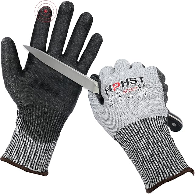 Cut Protection Gloves - HPHST Hand Protection for Cutting Work Gloves Level A6 Gardening Gloves Men Women Cut-Resistant Gloves for Kitchens Gardening Construction Site Grey Size 7/S