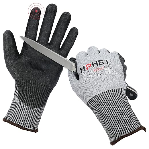 HPHST Schnittschutz Handschuhe Handschutz für Schneiden Arbeitshandschuhe Level A6 Gartenhandschuhe Herren Damen Schnittfeste Handschuhe für Küchen Gartenbau Baustelle Grau 1 Peer Größe: 9 / L