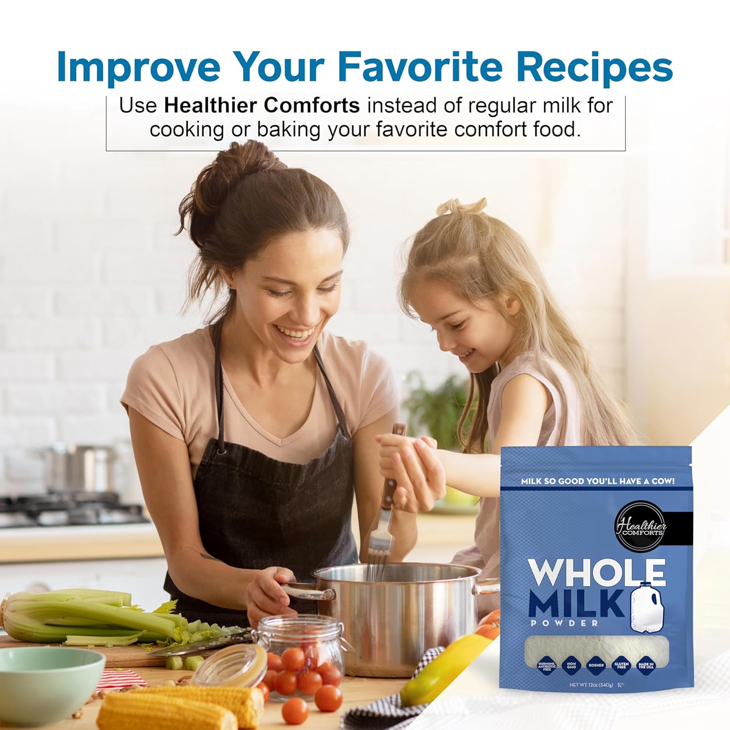 Healthier Comforts Whole Milk Powder | Shelf Stable | Kosher, Gluten Free, Non-GMO, Hormone and Antibiotic Free | Perfect for Shakes, Smoothies, Coffee Creamer, Baking | Made in USA (48oz)
