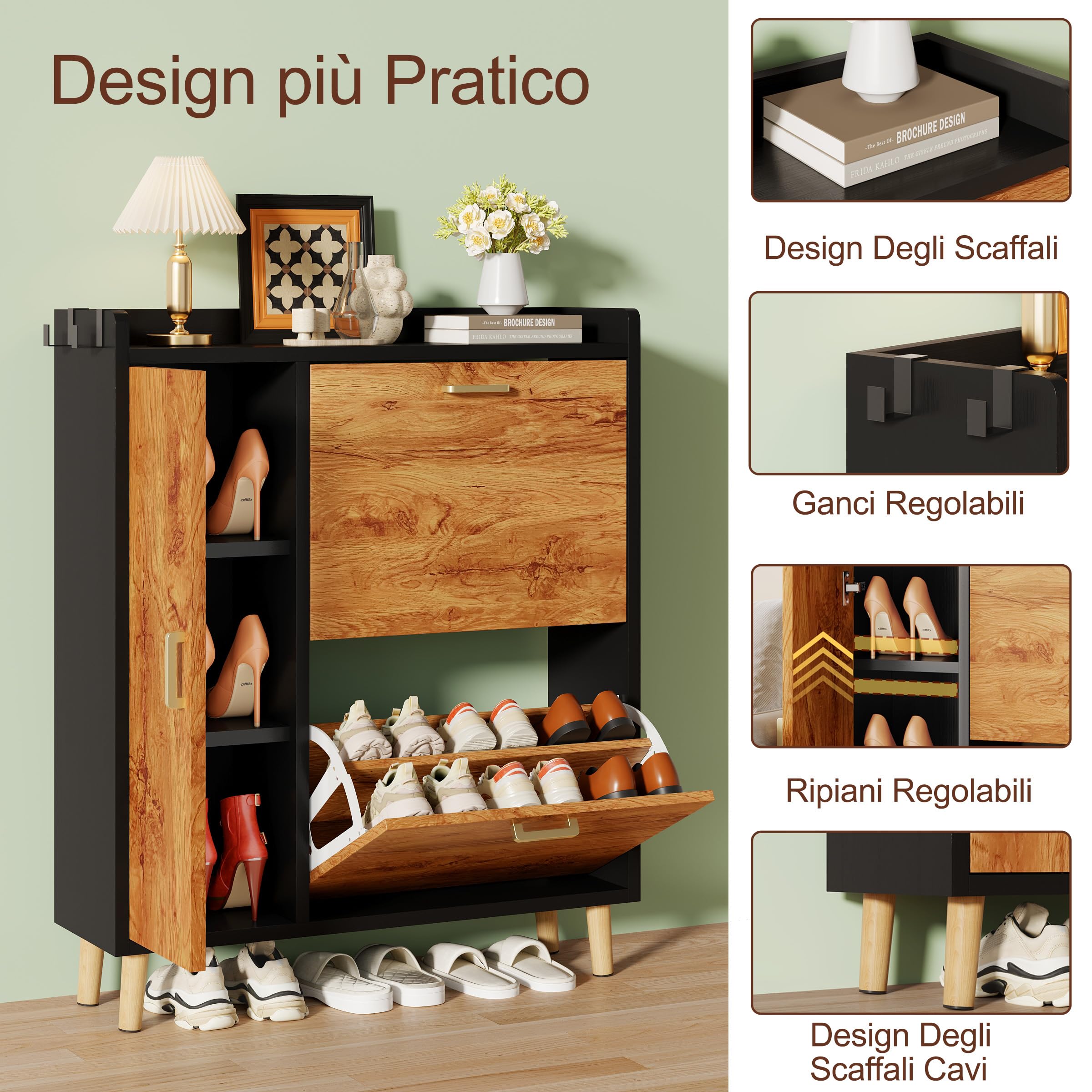 Scarpiera Salvaspazio Slim Con 3 Ante, Divisori Regolabili può Contenere Stivali, Scarpiera Ingresso Con Maniglie & 4 Gambe in Legno Massello Per Porta, Corridoio, Atrio (80x96x24cm, Nero)