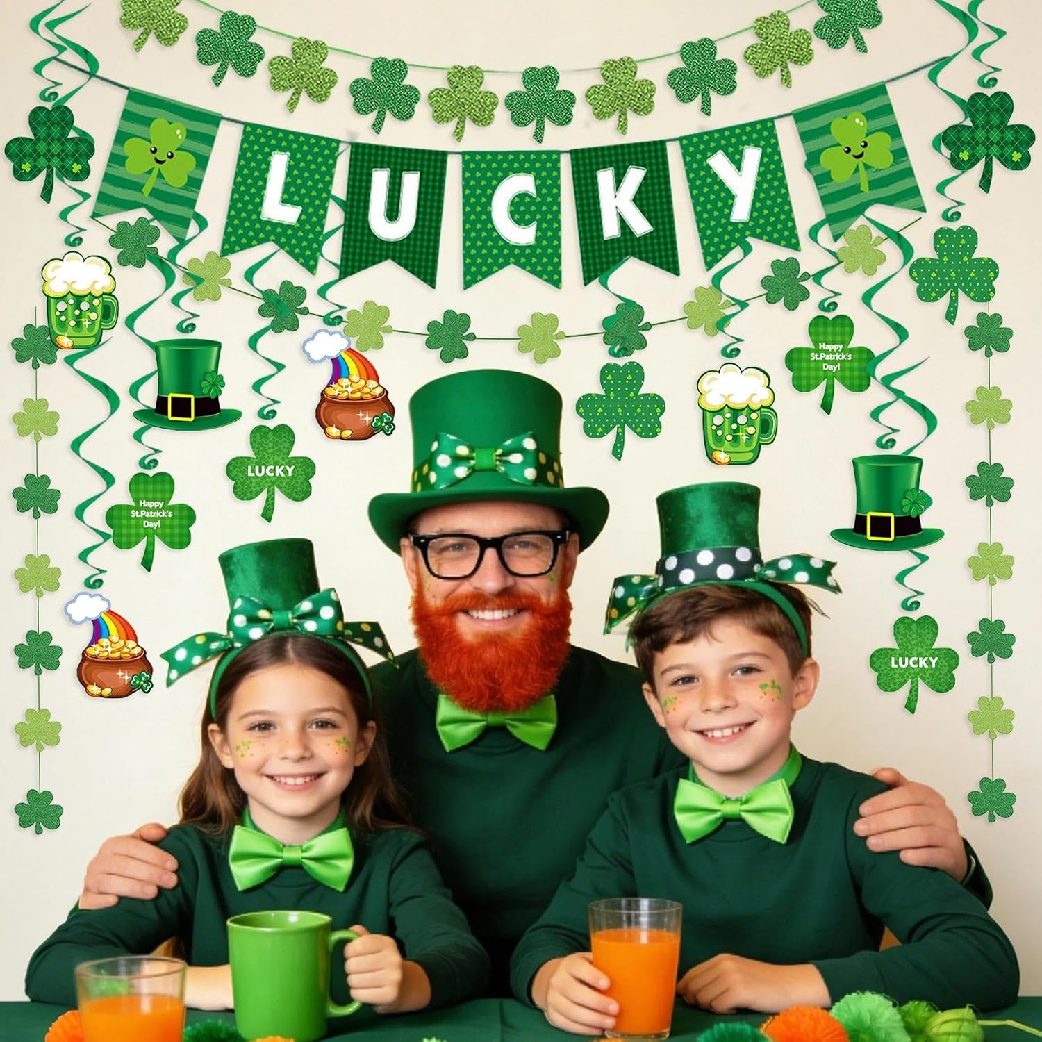 St. Patrick’s Day Party Decorations Kits, 19ct Set Irish Supplies Glitter Green Shamrock Garland with Banner Hanging Swirls image 4