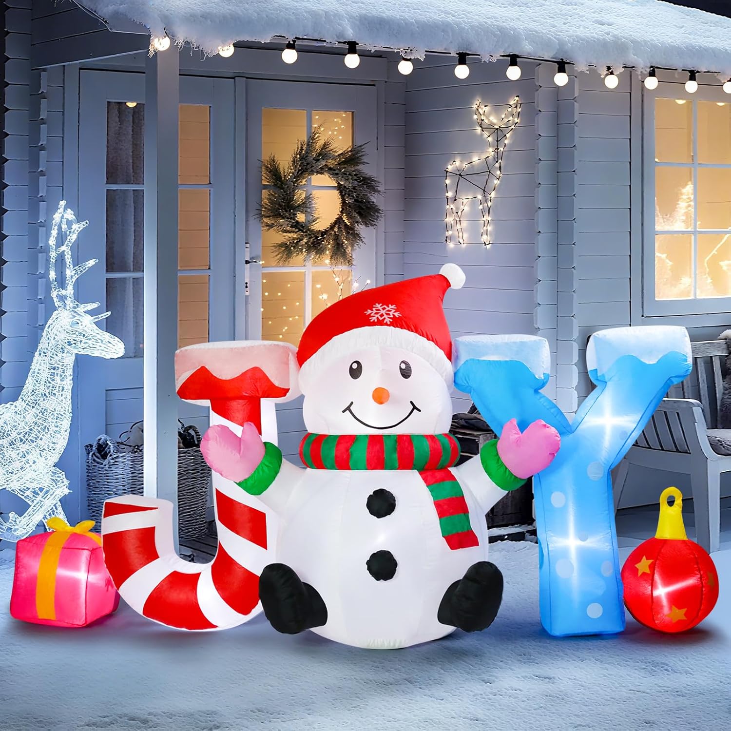 Vigdur 8FT Snowman Christmas Inflatable, Christmas Inflatable Joy and Snowman Blow Up with Built-in LED Lights, Outdoor Xmas Decoration for Yard, Lawn, Garden, Holiday Party & Home Décor