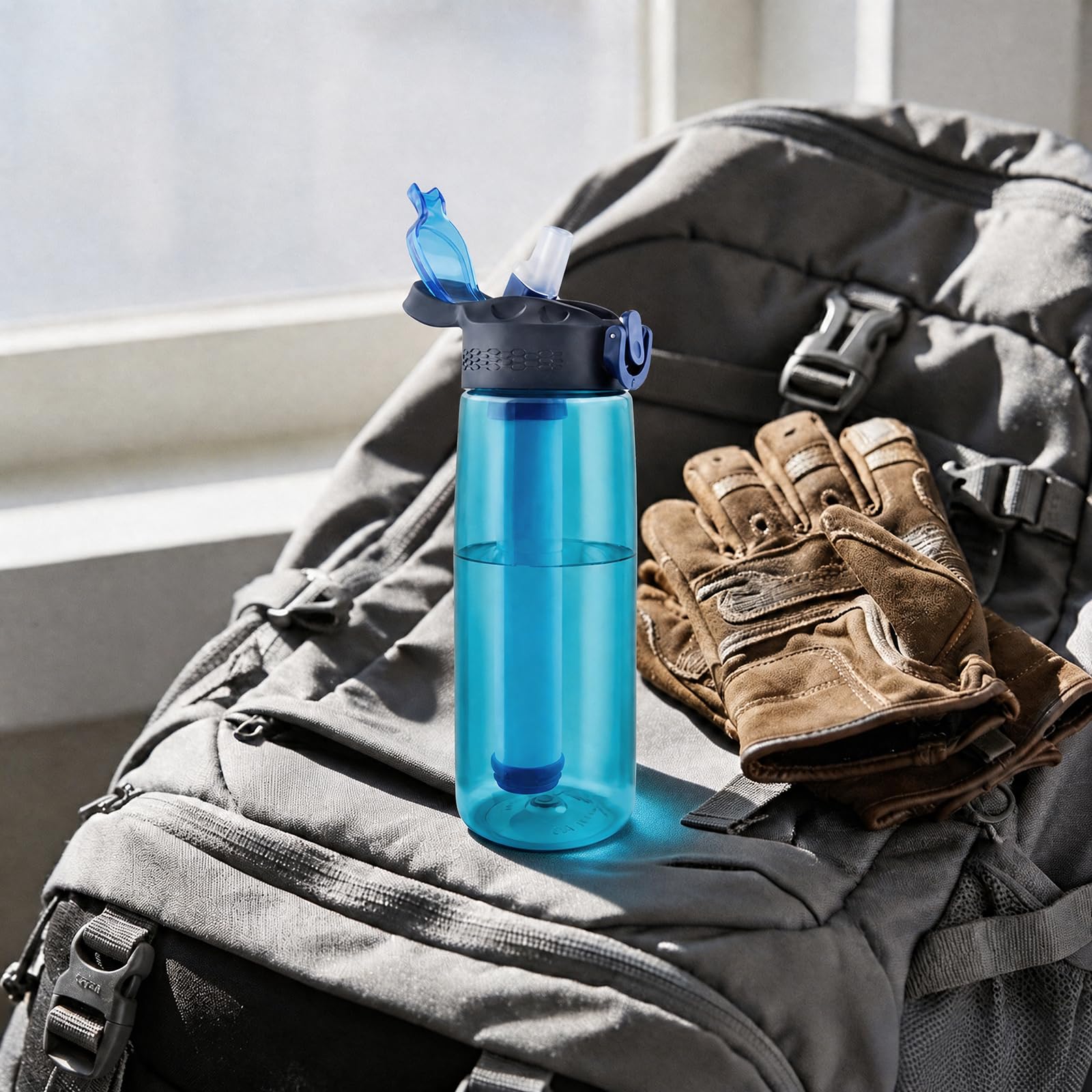 Botella con filtro de agua para exteriores, 650 ml, color cian