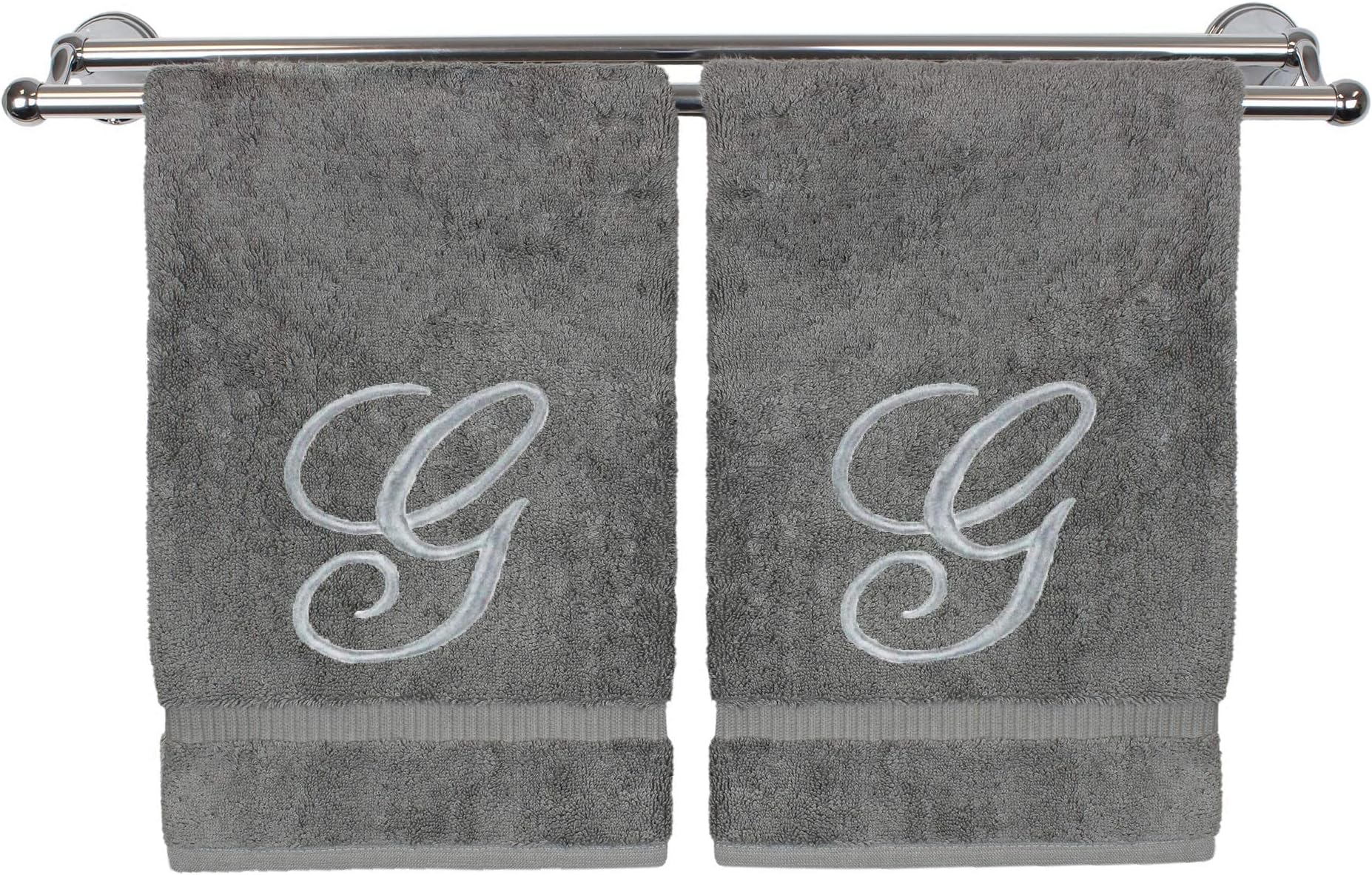 Monogrammed Hand Towel, Personalized Gift, 16 x 30 Inches - Set of 2 - Silver Embroidered Towel - Extra Absorbent 100% Turkish Cotton- Soft Terry Finish - for Bathroom, Kitchen and Spa- Script G Gray