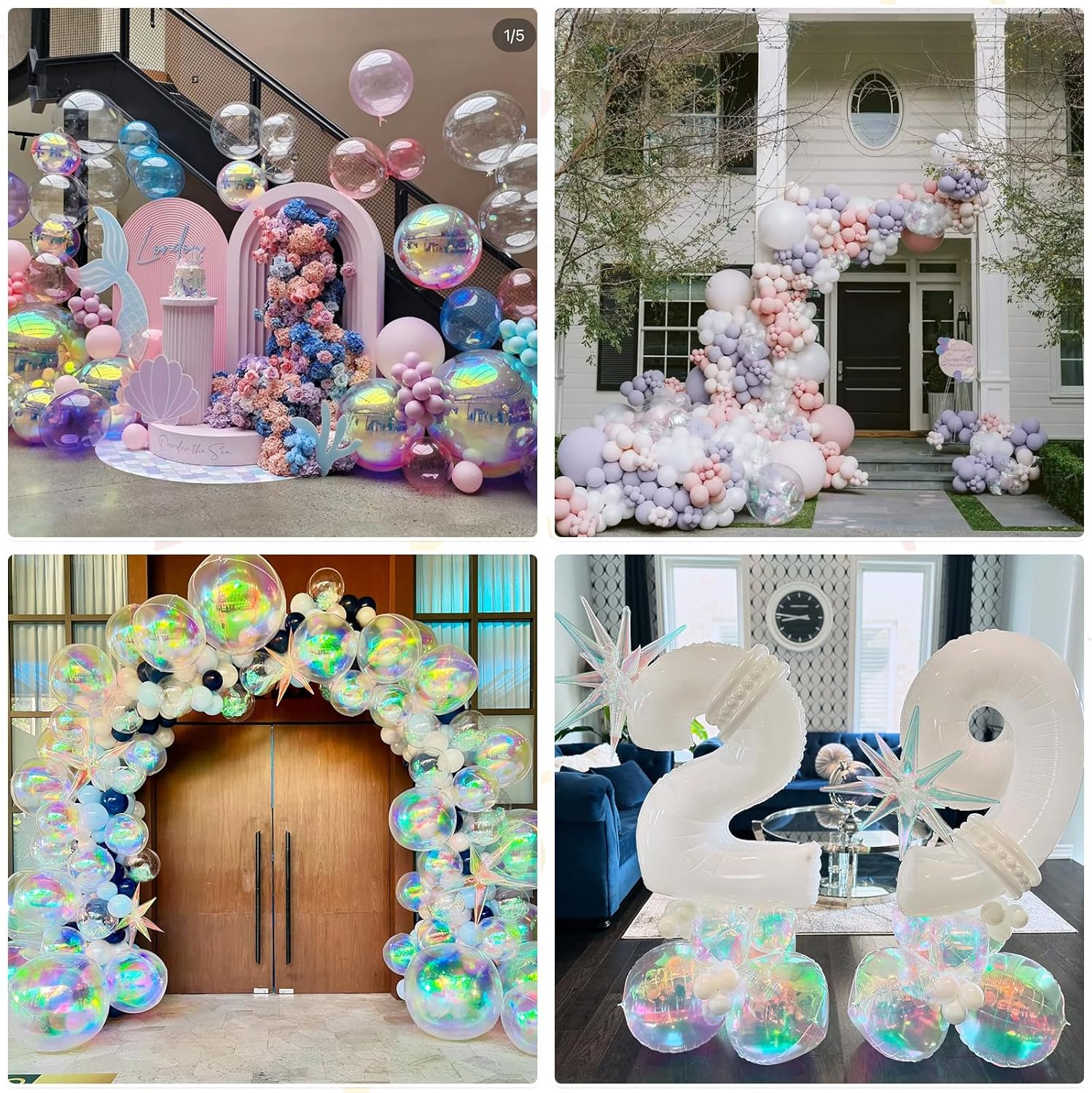 22 Inch Iridescent Balloons, 6Pcs Large Iridescent Birthday Balloons, 22 Inch Big Round Foil Balloon for Baby Shower Mermaid Iridescent Birthday Party Decorations