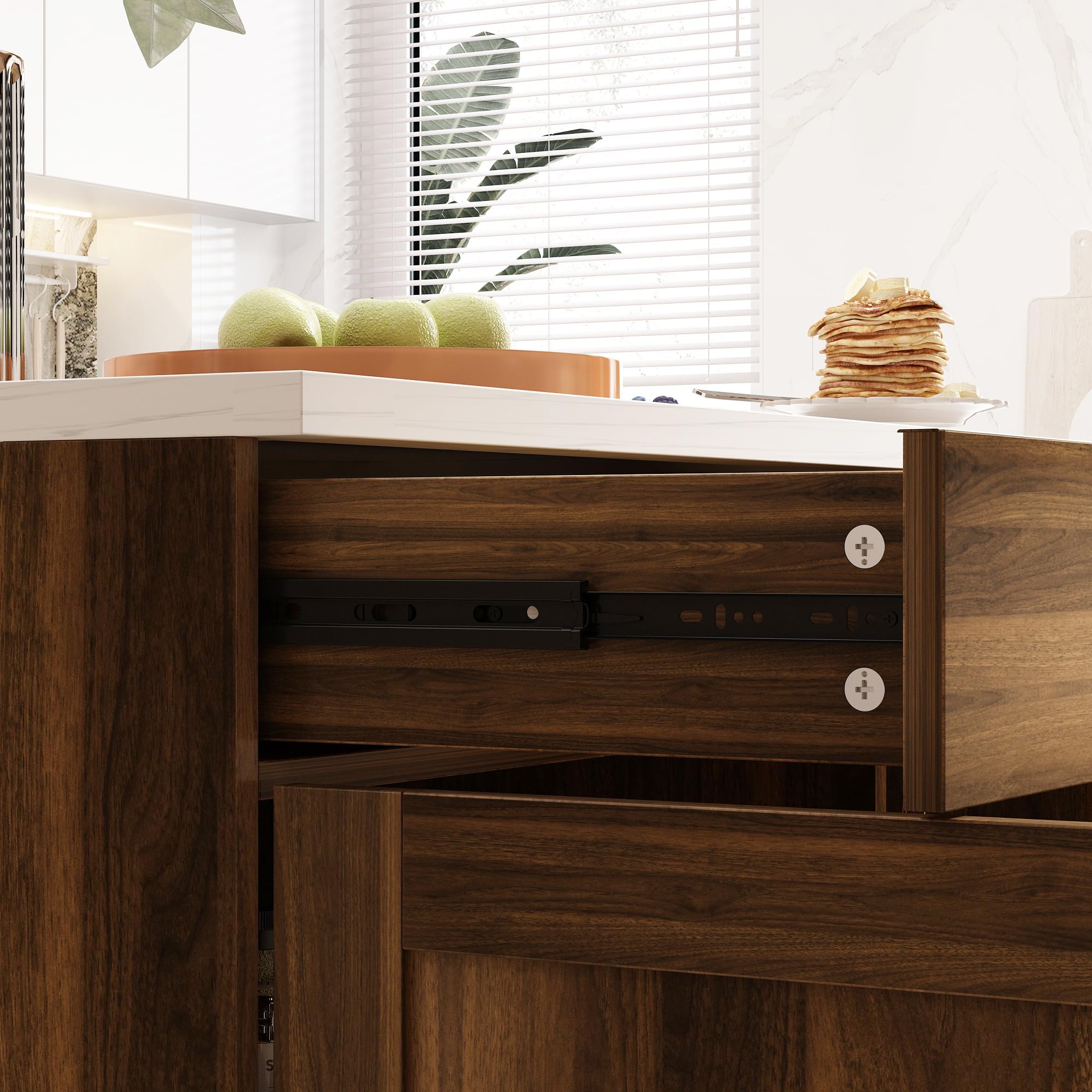 Isola cucina con piano di lavoro, armadio da cucina a cassetti, tavolo centrale con ante e cassetti, buffet marrone e bianco, 120x60x85 cm, MDF