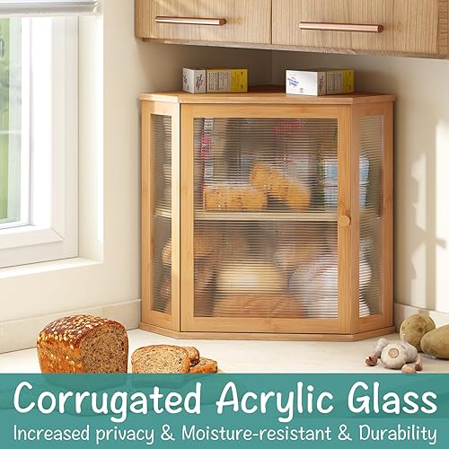 Miniatura 3 de Panera de esquina para encimera de cocina, contenedor de almacenamiento de pan de madera de bambú de gran capacidad con panel de puerta ondulado