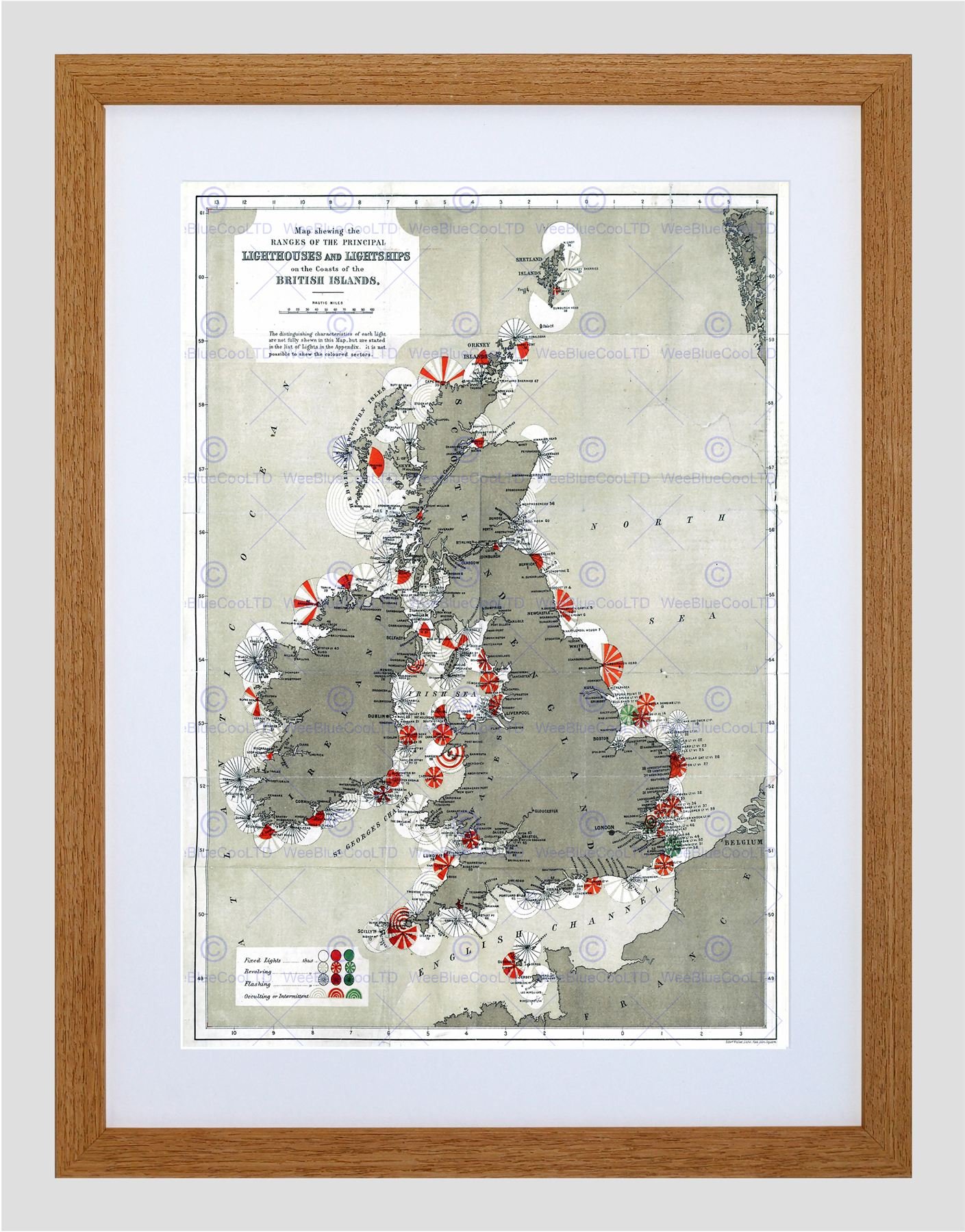Wee Blue Coo Map Antique 1884 Price Lighthouses Lightships UK Framed Wall Art Print