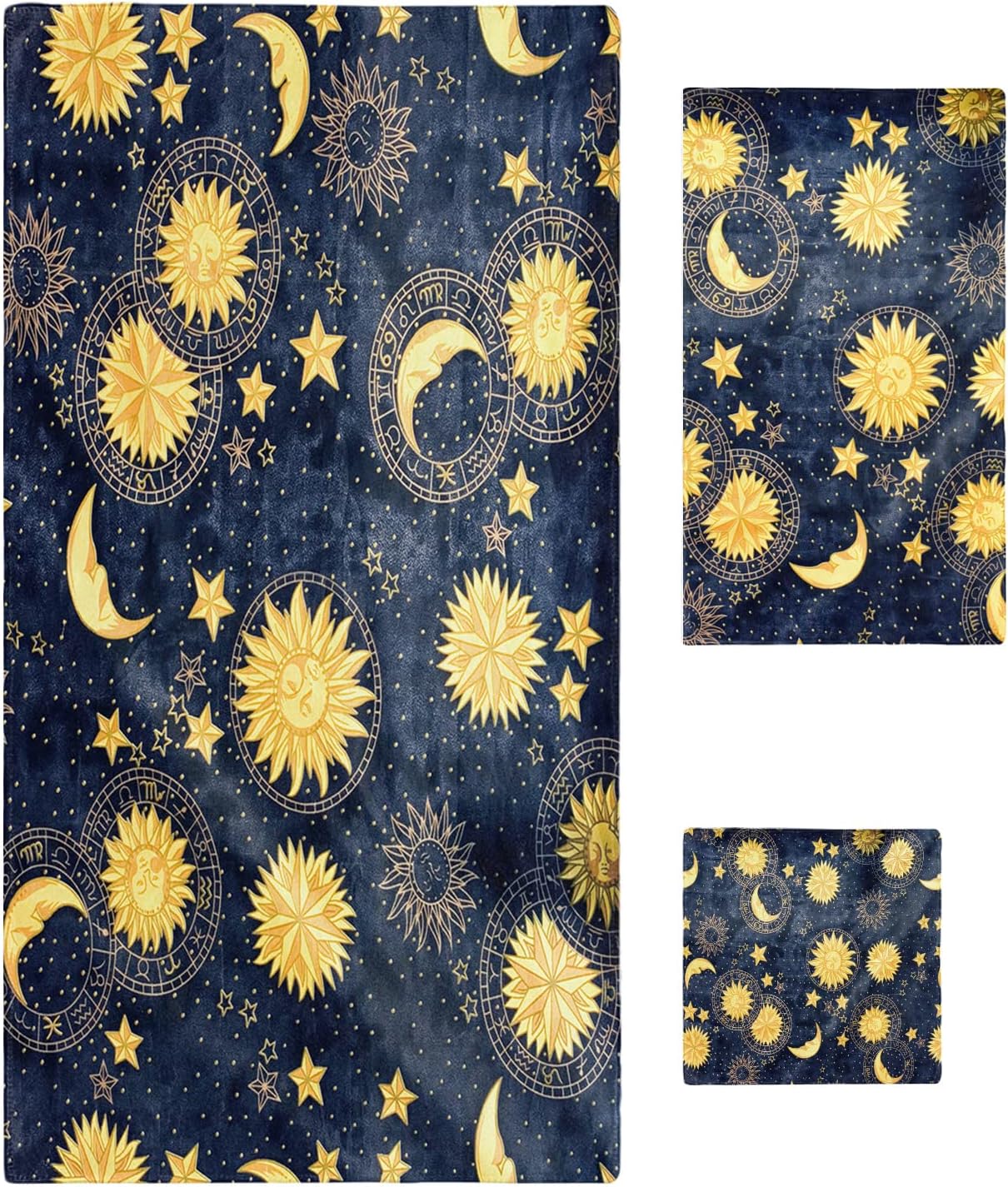 Bath Towel Sets,Night Vintage Moon Sun Star Bathroom Towels Soft Hand Towel Washcloth Cotton Towel Set,Absorbent Soft Bath Set for Hotel Beach Pool Yellow Celestial Fabric Midnight Towels