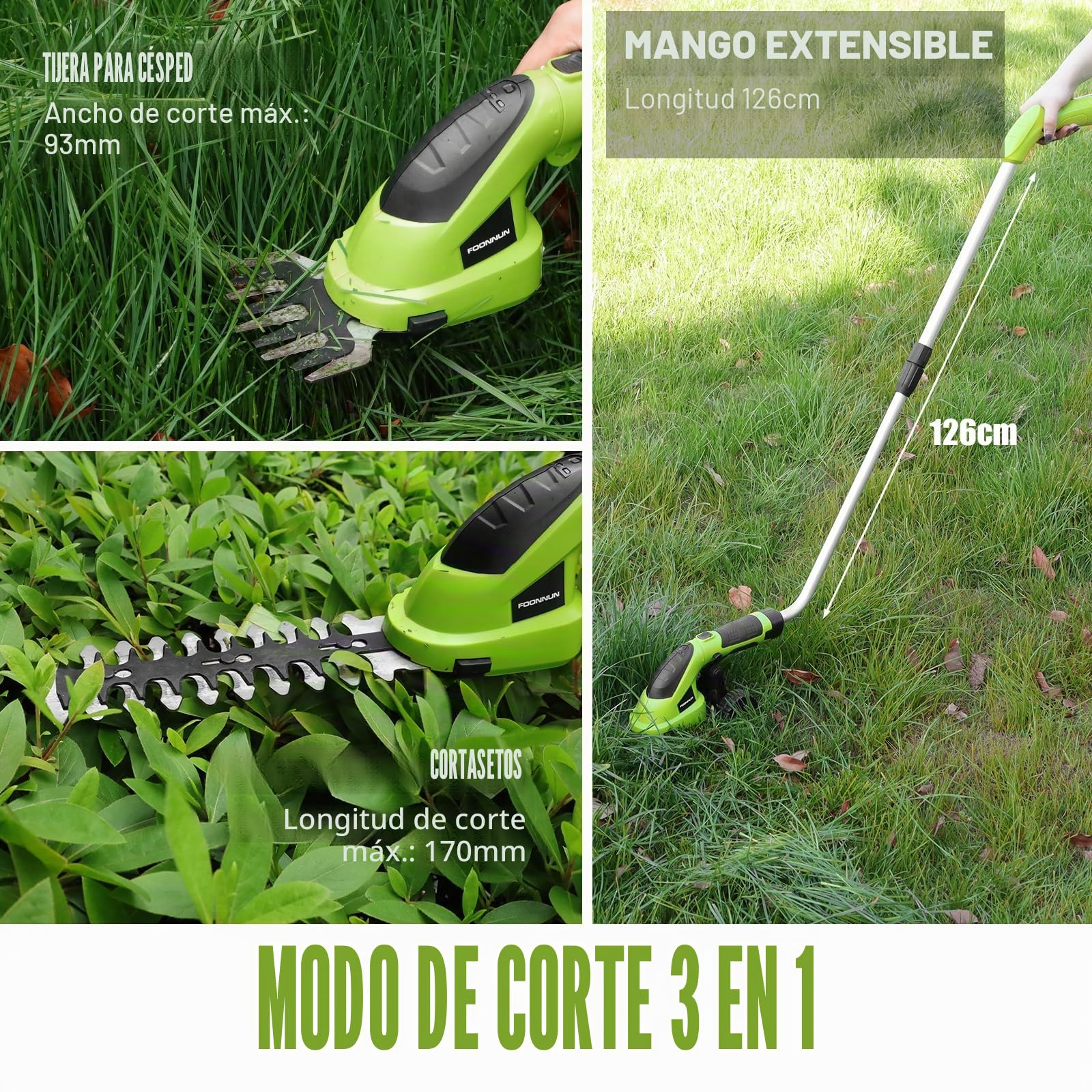 2 en 1 Tijera Cortacésped y Arreglasetos, FOONNUN Tijeras de Césped y Arbustos 7,2 V, Mango Giratorio de 180 °, Tijeras para Césped con Mango Telescópico y Ruedas, para Podar Césped, Arbustos y Setos