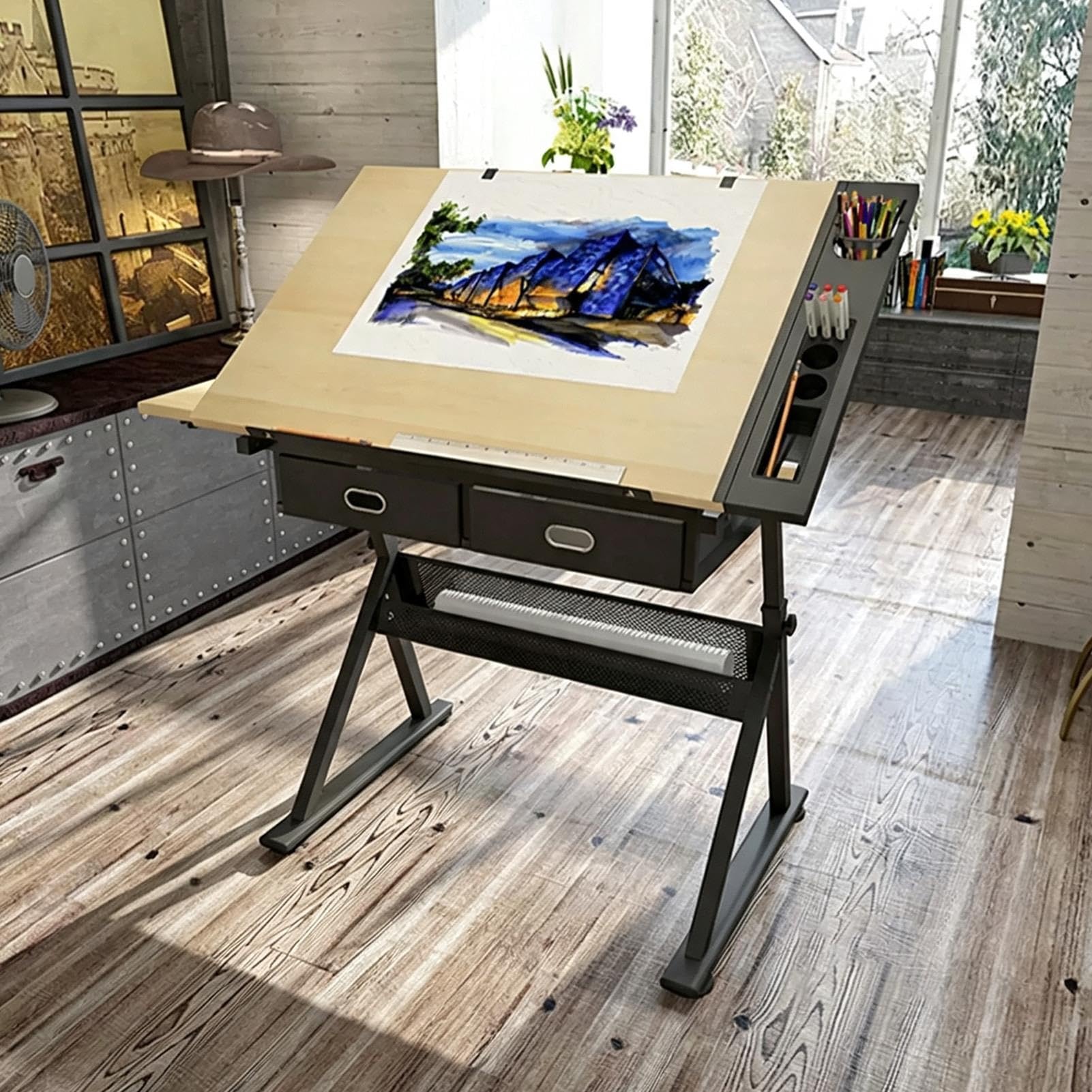 Table a Dessin Réglable avec Rangement et Inclinaison, Poste de Travail