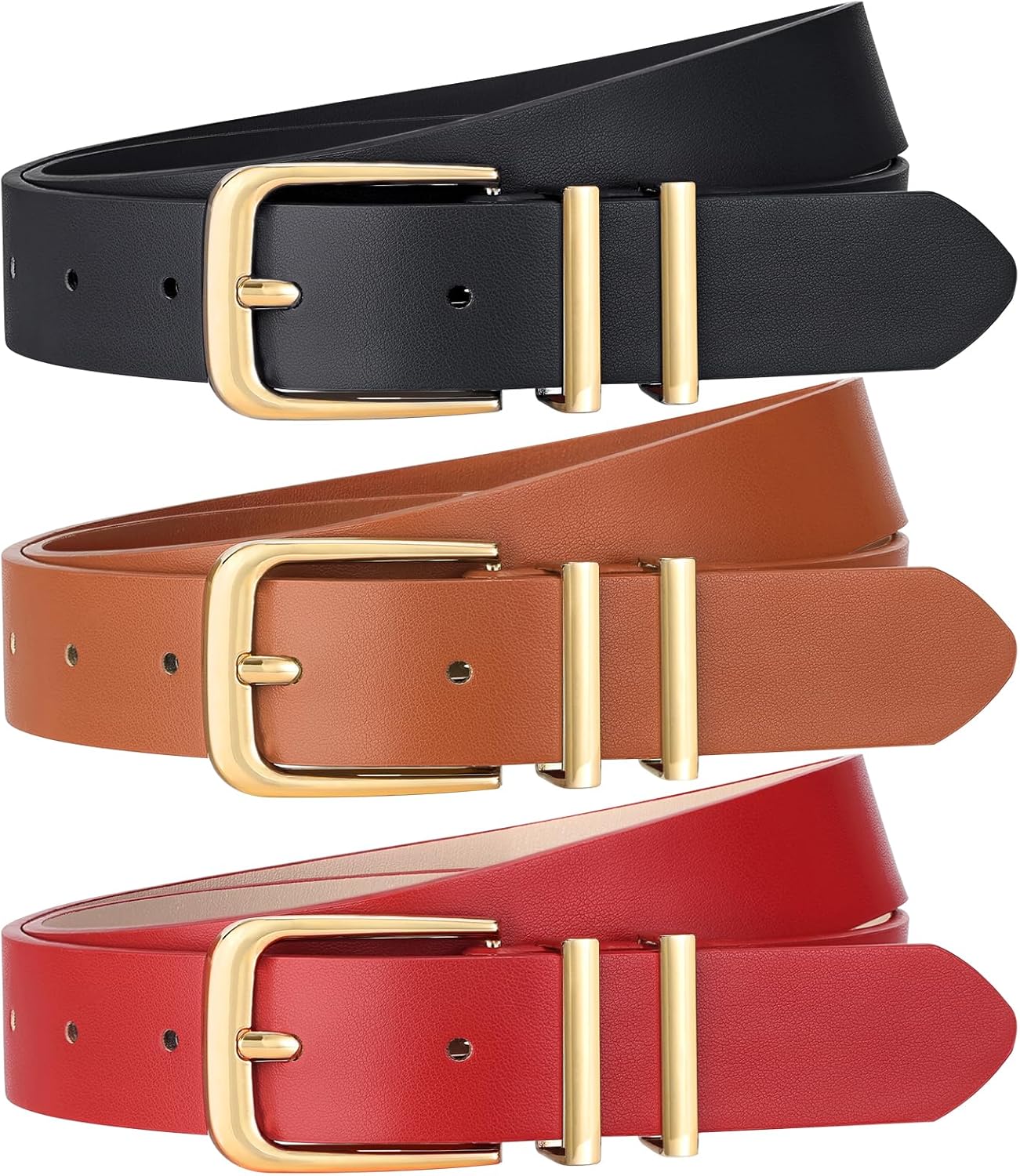 XZQTIVE 3 Pack Women Belts For Jeans Dresses Pants Ladies Leather Waist Belt with Gold Buckle