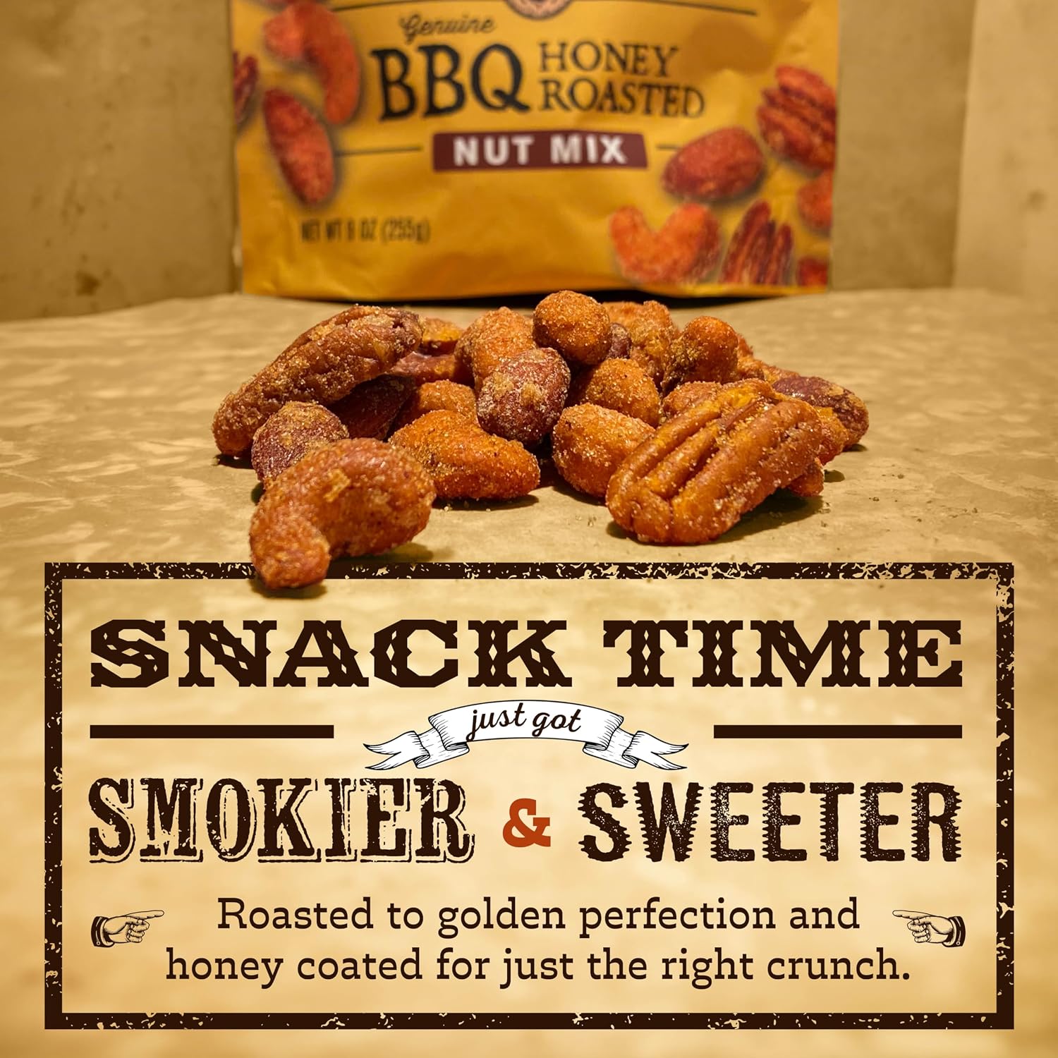 Rufus Teague BBQ Nut Mix - Smoky, Sweet & Crunchy Honey Roasted Nuts - Almonds, Cashews & Pecans (No Peanuts), 9 oz Resealable Pouch, 3 Pack