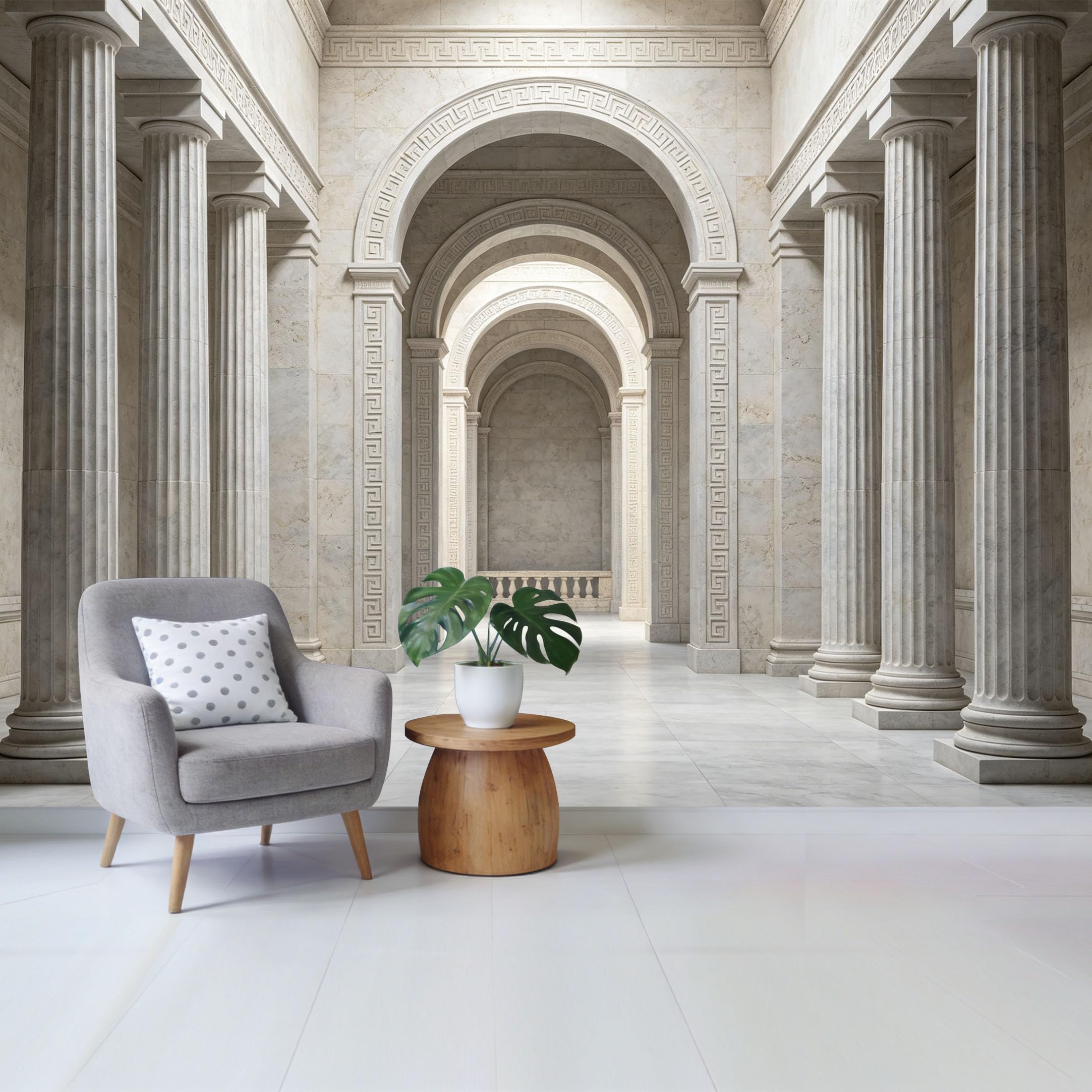 Removable Self Adhesive Fabric Mural， Neoclassical Roman Pillar Corridor Custom Size Wall Covering， UV Protected Waterproof Washable Wall Decor for Living Room Bedroom Bathroom