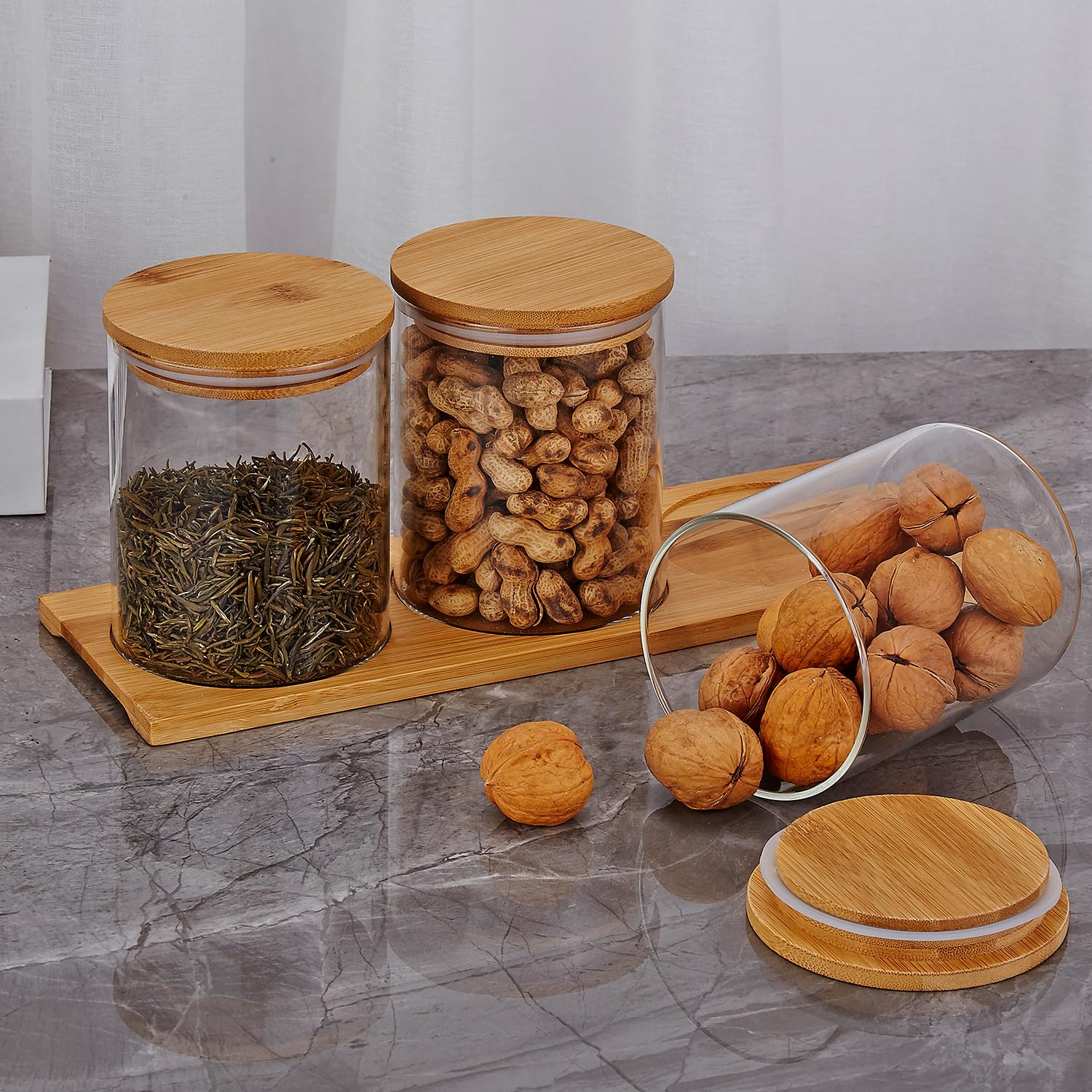 SANQIAHOME Contenitori in vetro per caffè e zucchero con ripiano, 3 contenitori da 765,4 g, con chiusura ermetica, barattoli per alimenti per cucina