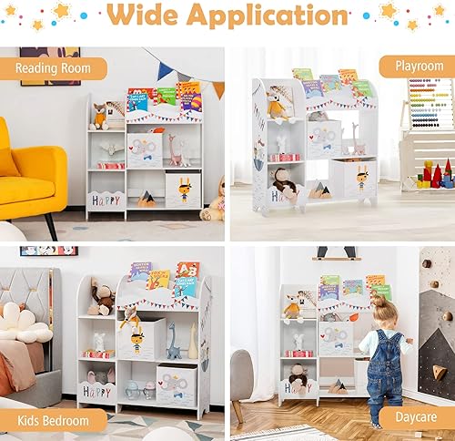 Miniatura 15 de Costzon Organizador de juguetes y libros para niños, armario de almacenamiento de madera con 5 estantes, 2 cajas y 3 ranuras, perfecto para sala de