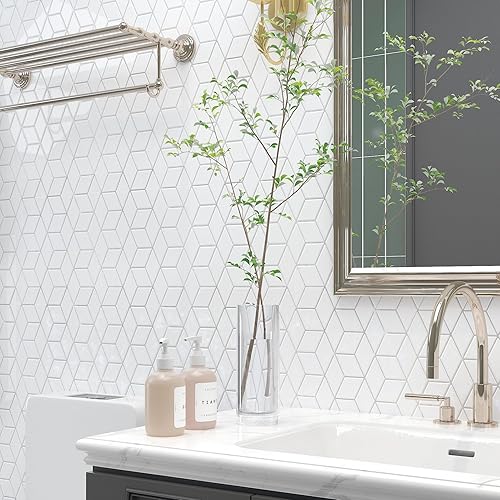 Miniatura 5 de Livelynine 16 azulejos geométricos para despegar y pegar en muro para cocina, color blanco, azulejos de pared de baño, impermeables, para paredes de