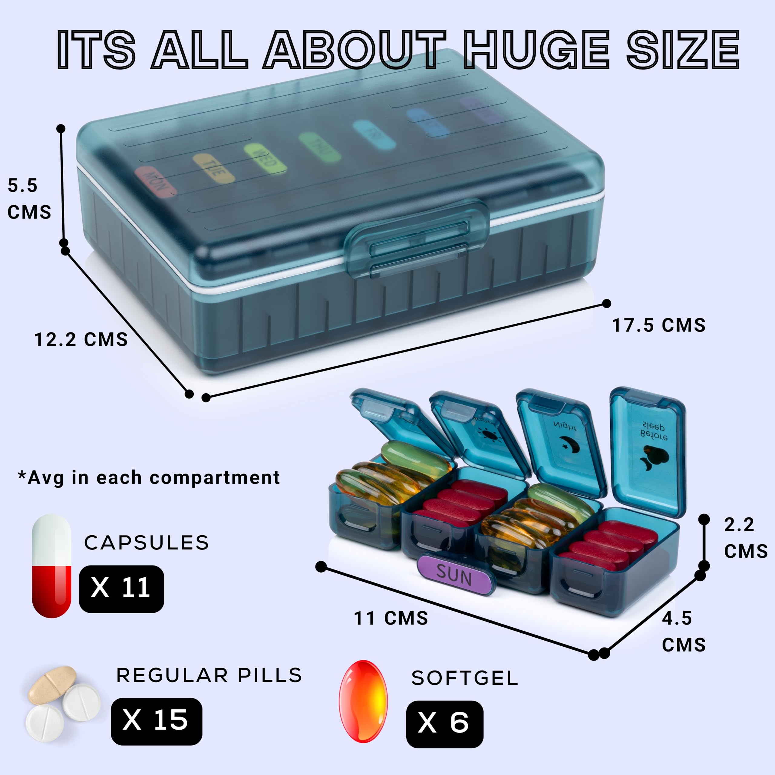 Big Premium Medicine organizer- Medicine organizer box- 7 days Pill Box For Home-Pill Organizer Case With Large Compartments, Portable for pills & Supplements (Blue)