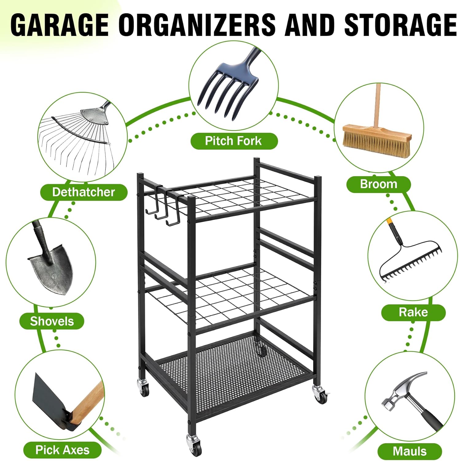 REDCAMP Garden Tool Organizer,Yard Tool Tower Rack for Garage,3 Tier Metal Yard Tools Storage up to 35 Long-Handled Tools/Rakes/Brooms, Heavy Duty Garden Tool Organizer for Garage, Yard, Patio, Shed