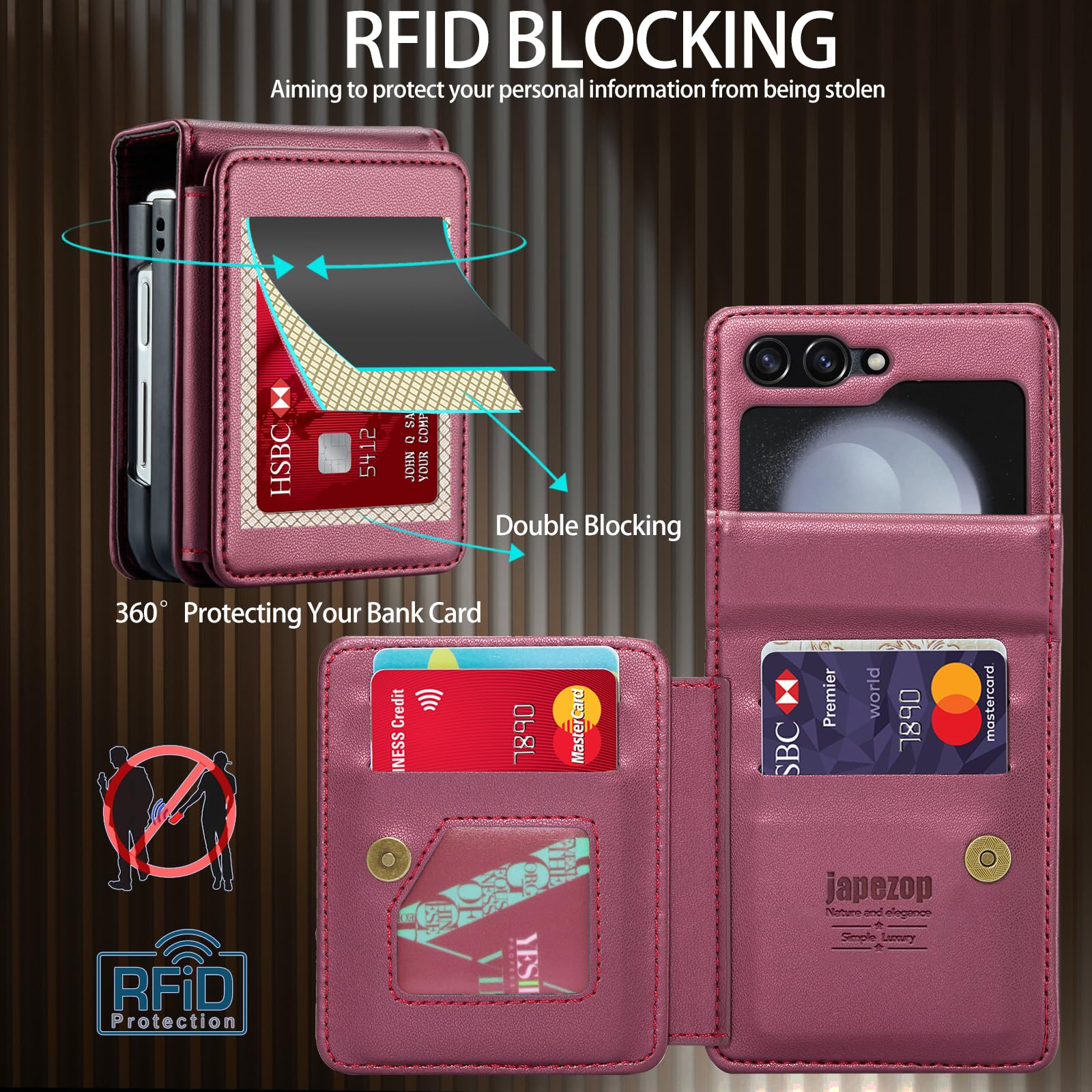 Samsung Galaxy Z Flip 5 Case,RFID Blocking PU Leather Wallet Case with Card Holder Kickstand Slim Hard Shockproof Back Case for Galaxy Z Flip 5 5G 2023 (Red)