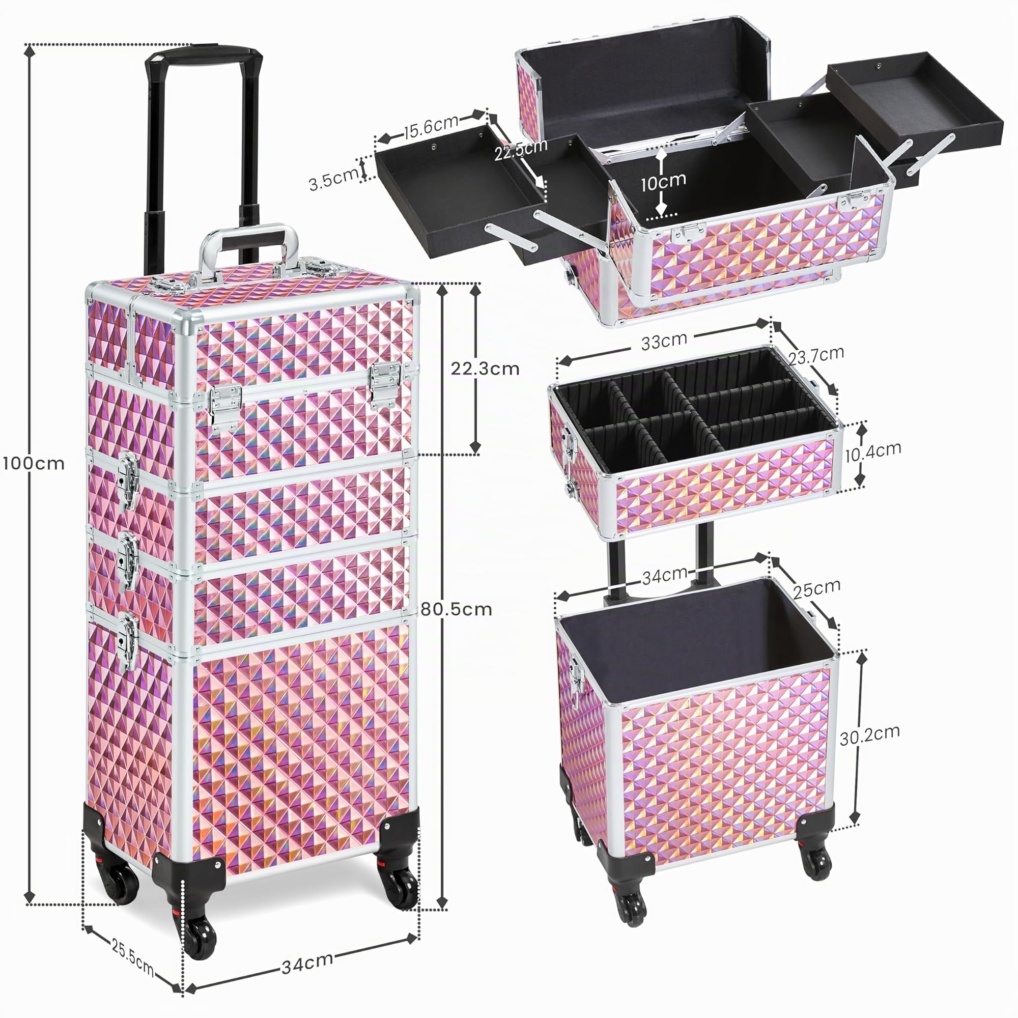 Valigia Porta Trucchi Trolley Make Up 4 in 1 Professionale Beauty Case Estetista Ruote Staccabili Rosa