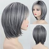 Ombre Grey Highlight Layered Short Bob Wig with Bangs for White Women Synthetic Salt and Pepper Wig Chin Length Mix Gray Straight Bob Wig for Daily Party