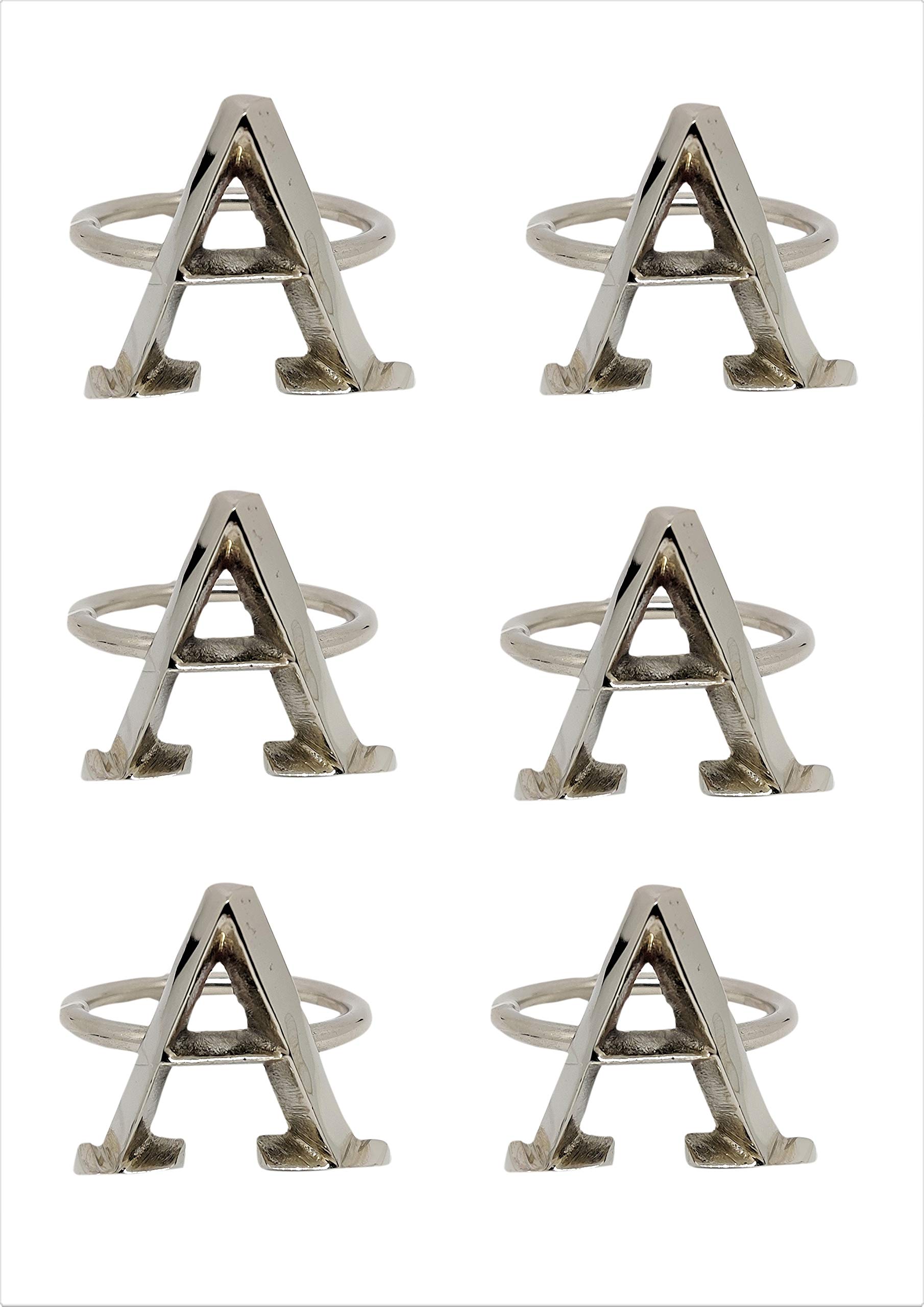 Shaheen Home Collections A Alphabet Napkin Ring for Holiday - Set of 6 Nickle Plated Brass Alphabet Serviette Rings for Christmas Celebrations, Thanksgiving, Wedding Dinner Parties