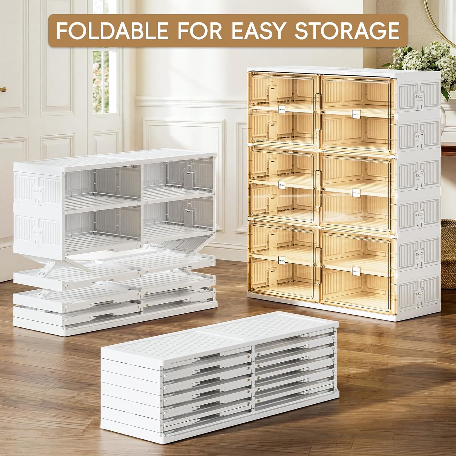 JEKO&JEKO 10 Tiers Foldable Shoe Rack Organizer Cabinet for Closet Entryway, Large Collapsible Shoe Storage Box with Magnetic Doors Fits Up to 40 Pairs (White)