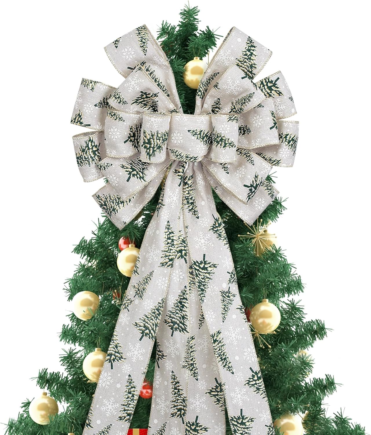 RUSPEPA 1pcs Large Christmas Tree Topper Bow, Red Green White Plaid Design with Gold Trim, Bow for Christmas Tree, Wreaths, Gift Boxes, Party Décor, Indoor/Outdoor Use, 13" x 52"