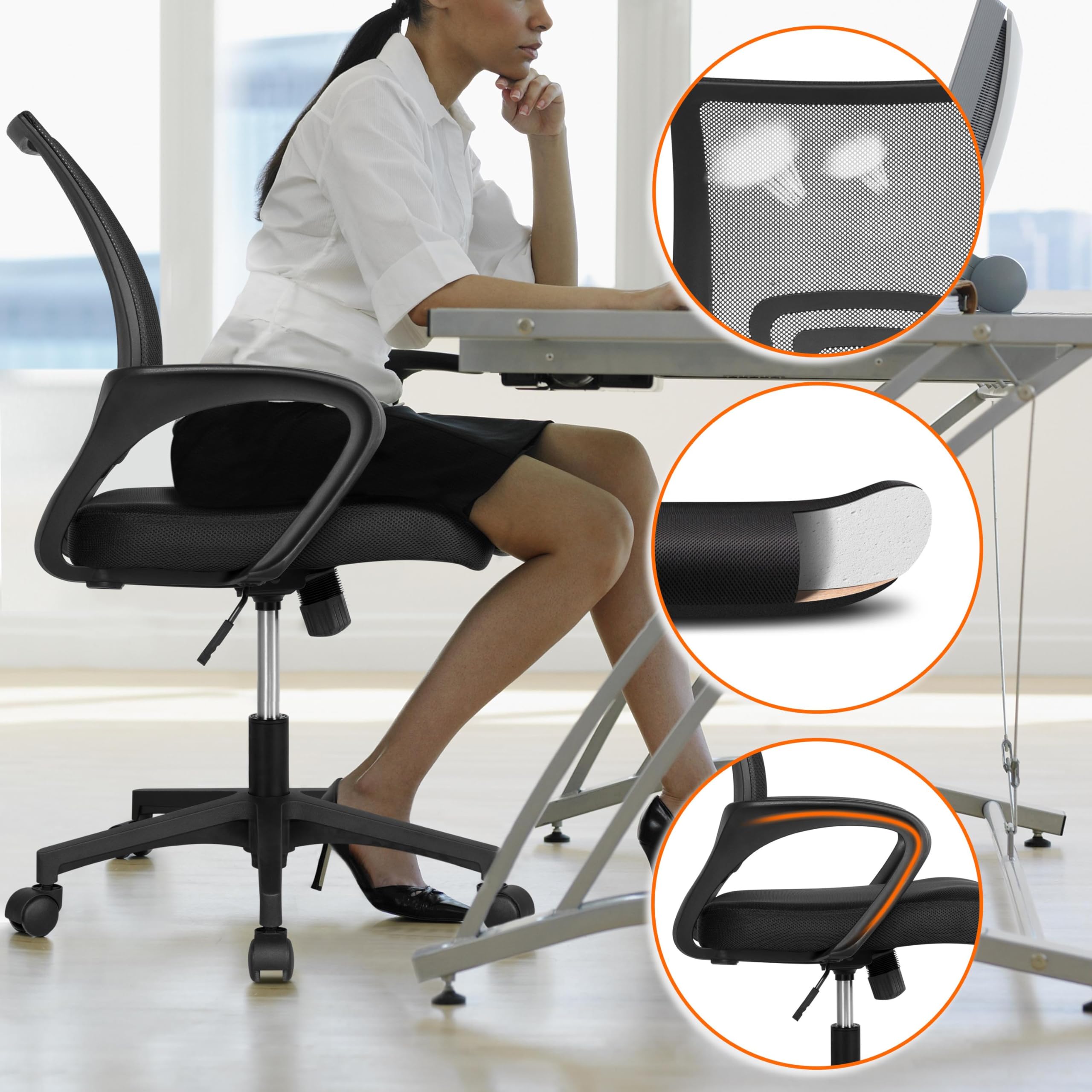 Sedia da Ufficio Scrivania con Rotelle Girevoli e Braccioli Ergonomica Lombare e con Altezza Regolabile Imbottita e Rete Traspirante Portata 136 kg Nero