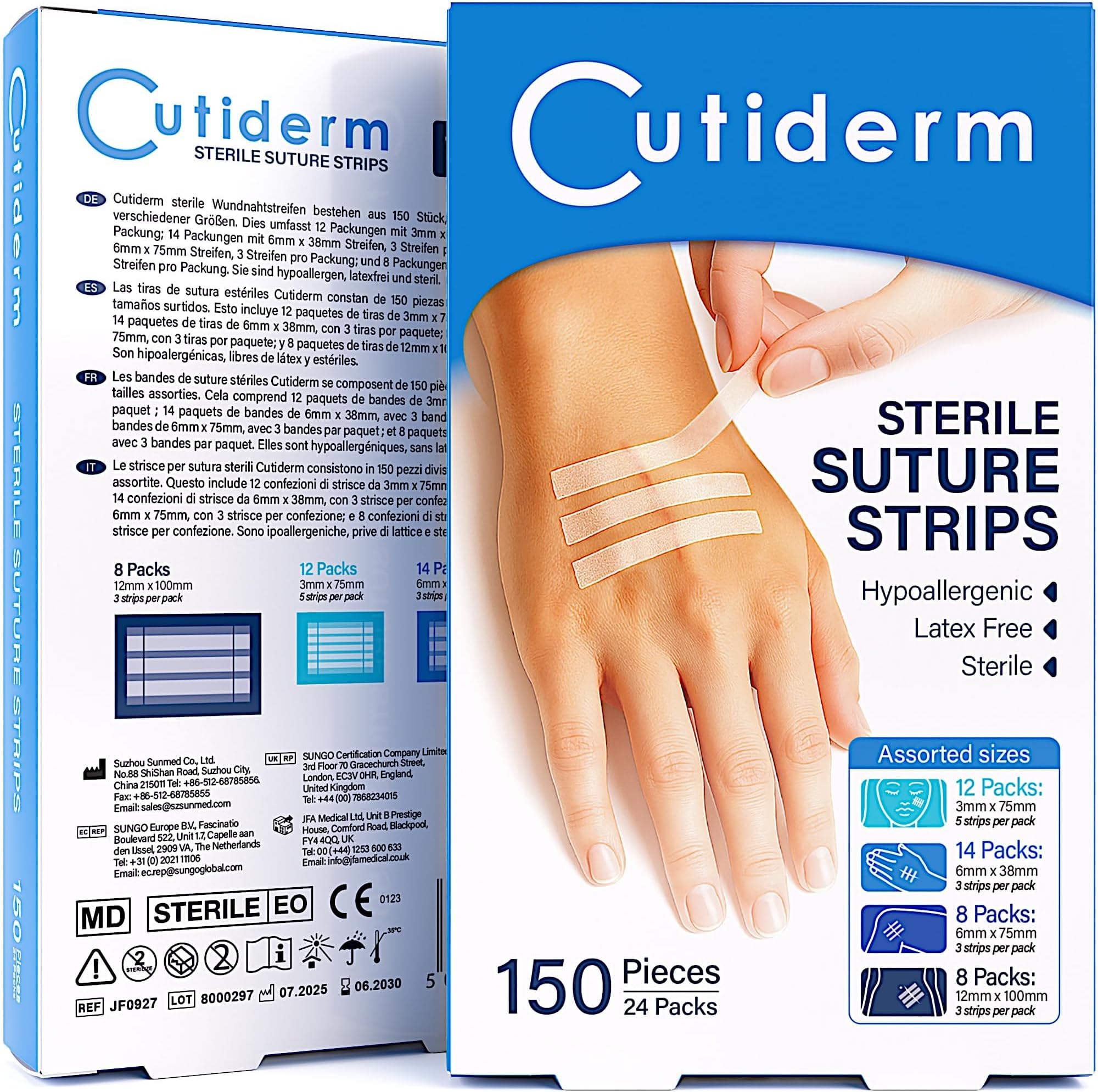 Cutiderm Sterile Skin Wound Closure Suture Strips, 4 Sizes - 150 Strips