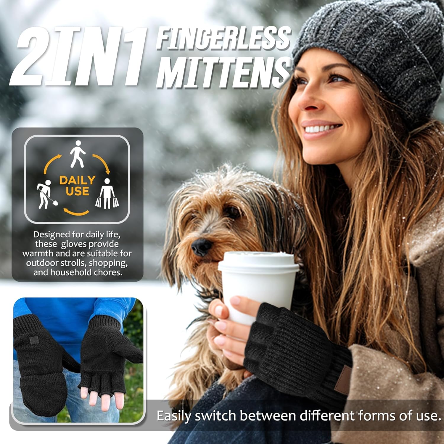 Winter Thermal Fingerless Gloves Mittens, Knitted Convertible Mittens Flap, Warm Gloves for Women and Men - Image 3