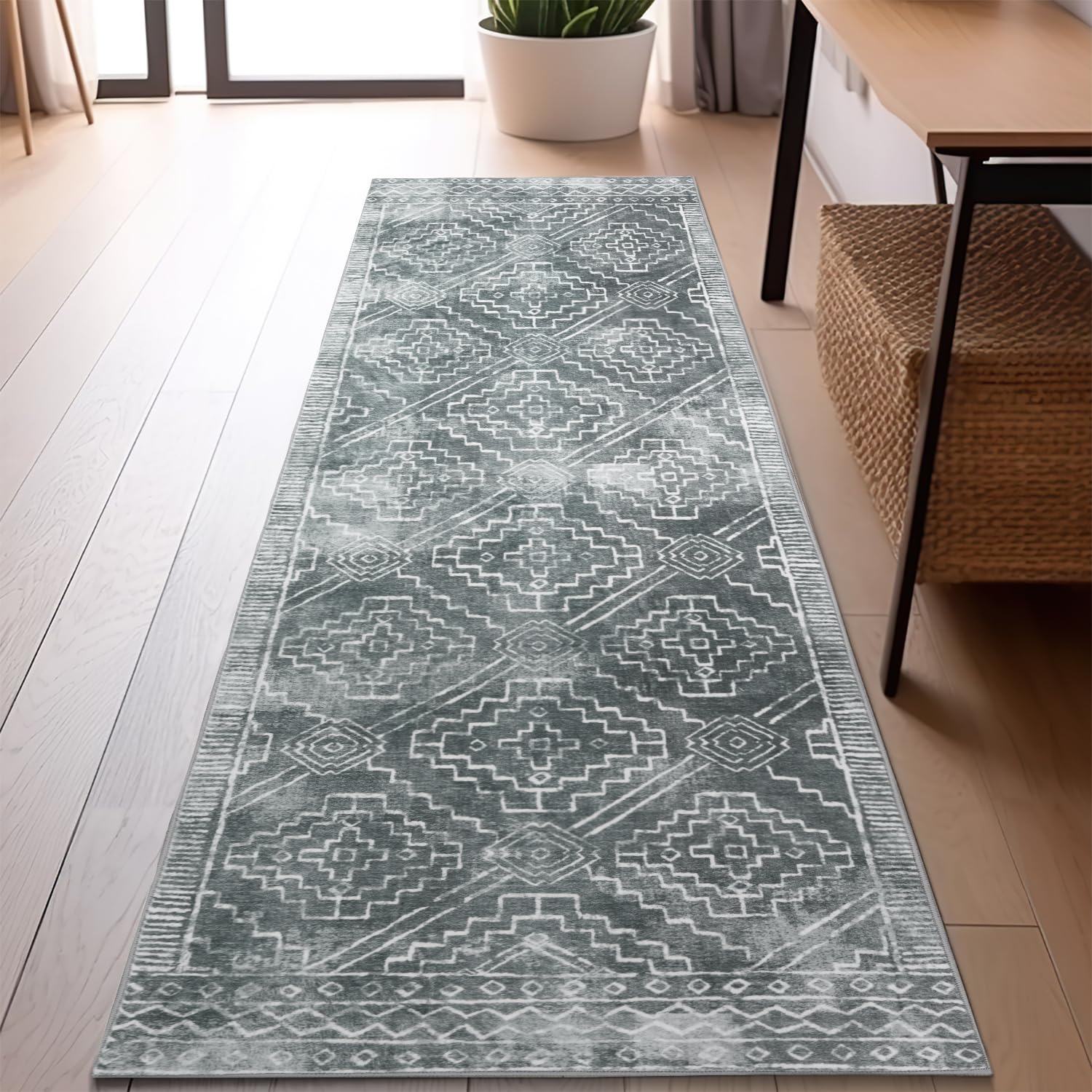 jinchan Moroccan Runner Rug 2x6 - Kitchen Machine Washable Runner Rug Modern Geometric Soft Low-Pile Lightweight Non-Slip Carpet for Entryway Hallway