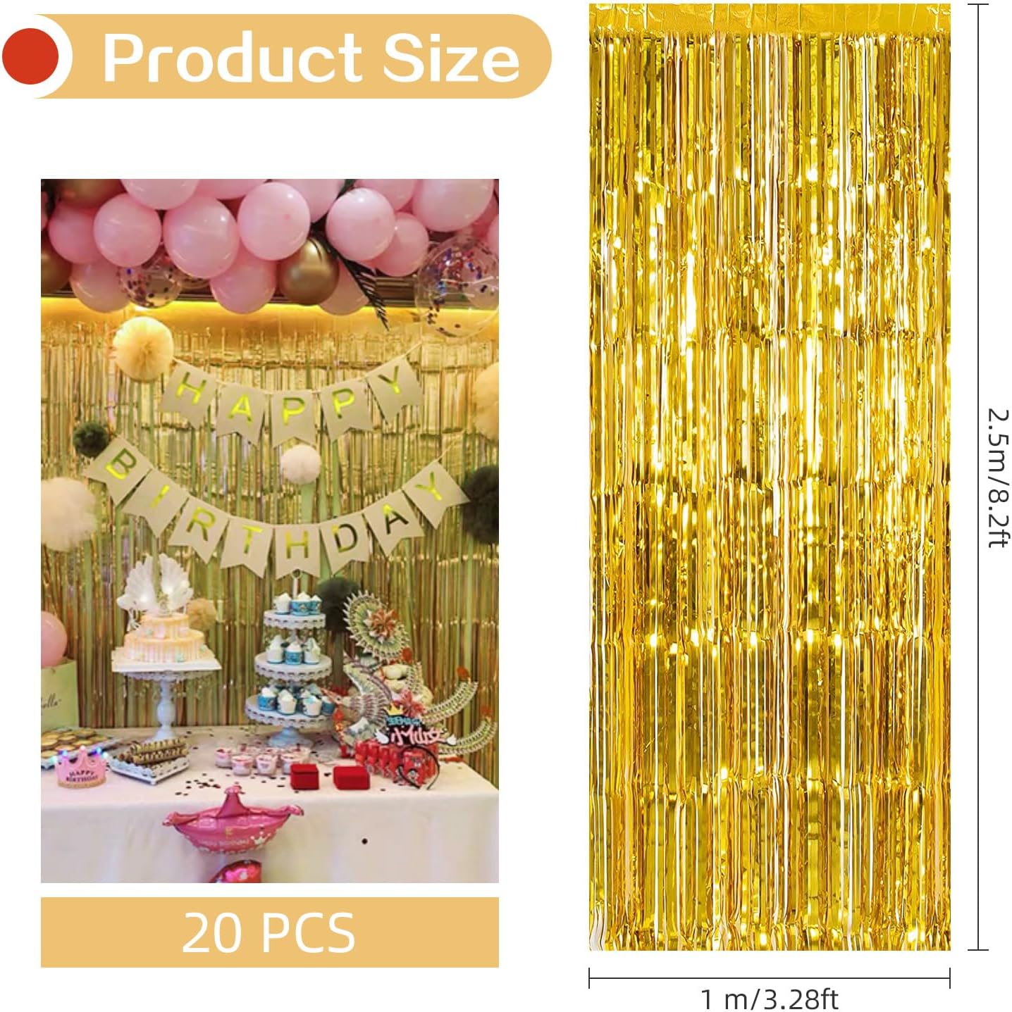 20 Pack Gold Foil Curtain Backdrop 3.2ft x 8.2ft Foil Fringe Backdrop Curtain Metallic Tinsel Foil Fringe Curtains Streamer Backdrop Curtains for Birthday Party Decorations Photo Booth (Gold)