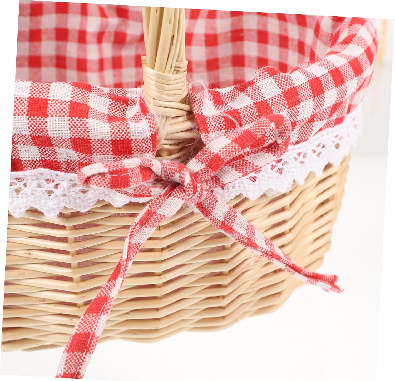 Hand Woven Wicker Picnic Basket Red Plaid Storage Container for Fruits Bread and Snacks Linen Lining for Versatile Use for Picnics and Home Organization