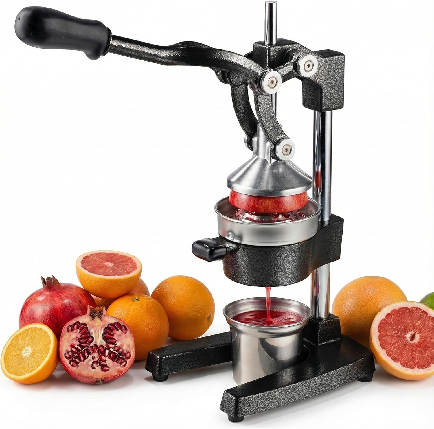 Cast Iron Citrus Juicer - 13.8LB Heavy Duty Manual Orange Press, 304 Stainless Steel Cup & Strainer, Professional Lemon Grapefruit Pomegranate Squeezer for Home Bar Kitchen, Black