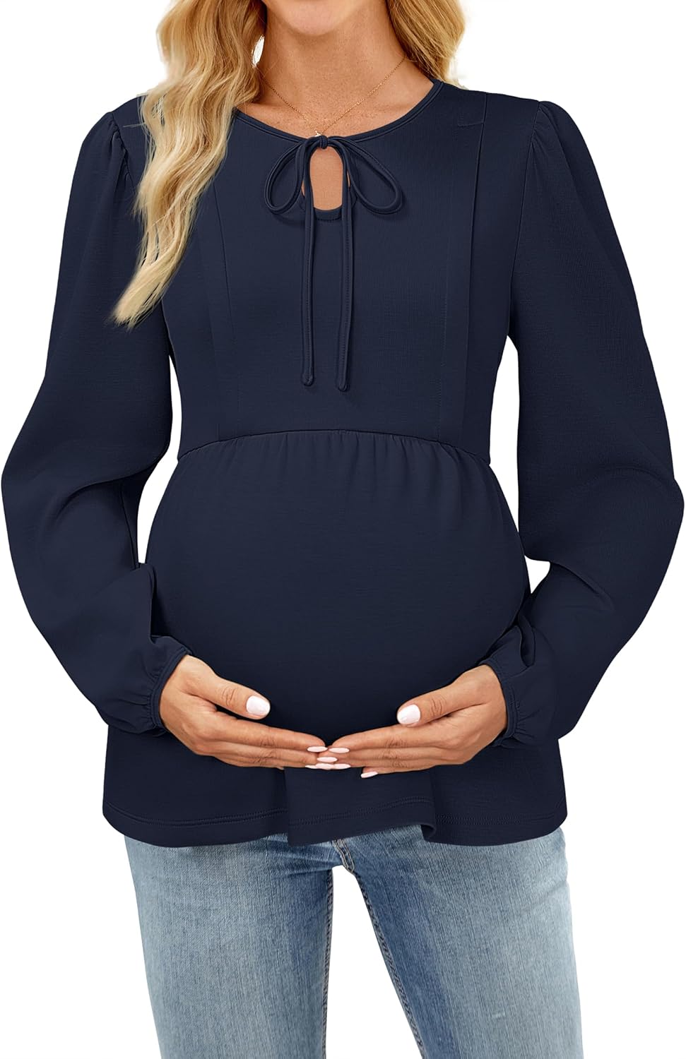 OUGES Womens Tie Front Maternity Nursing Tops Puff Sleeve Keyhole Hidden Zipper Shirts Fall Business Casual Blouse 2025