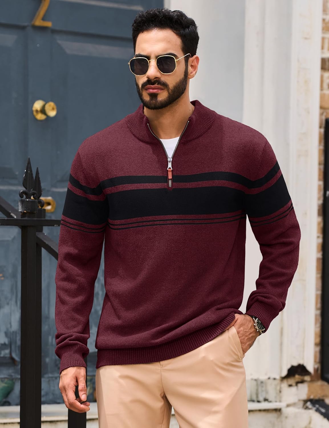 TACVASEN Men's Quarter Zip Sweaters Cotton Pullover Sweater Striped Casual Fall Winter Warm Pullover Sweatshirts