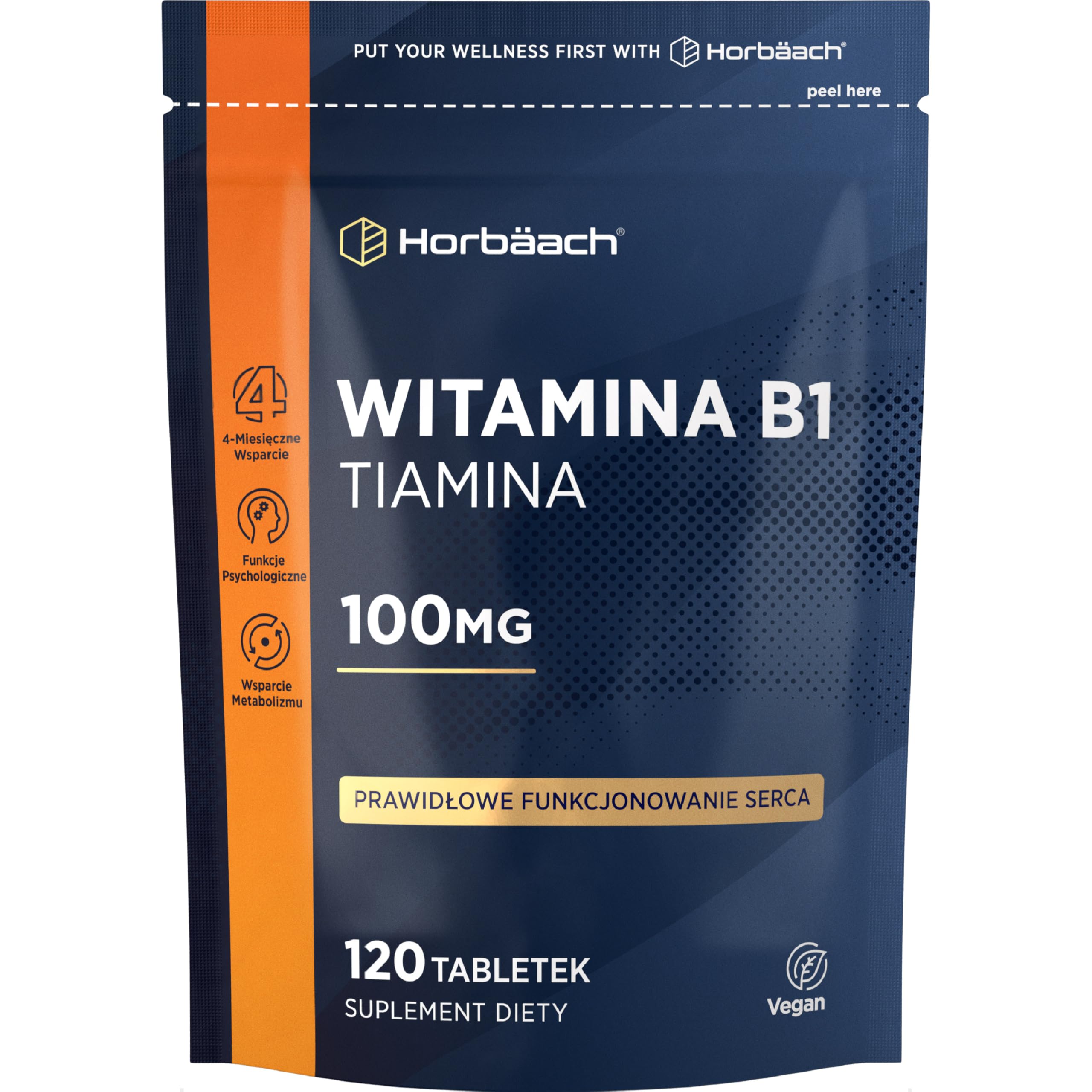 Witamina B1 (Tiamina) 100mg Tabletki | 120 Sztuk (Zapas Na 4 miesiące) | Witamina B1 Wysokiej Mocy | Suplement Odpowiedni Dla Wegan i Wegetarian | Firma Horbaach