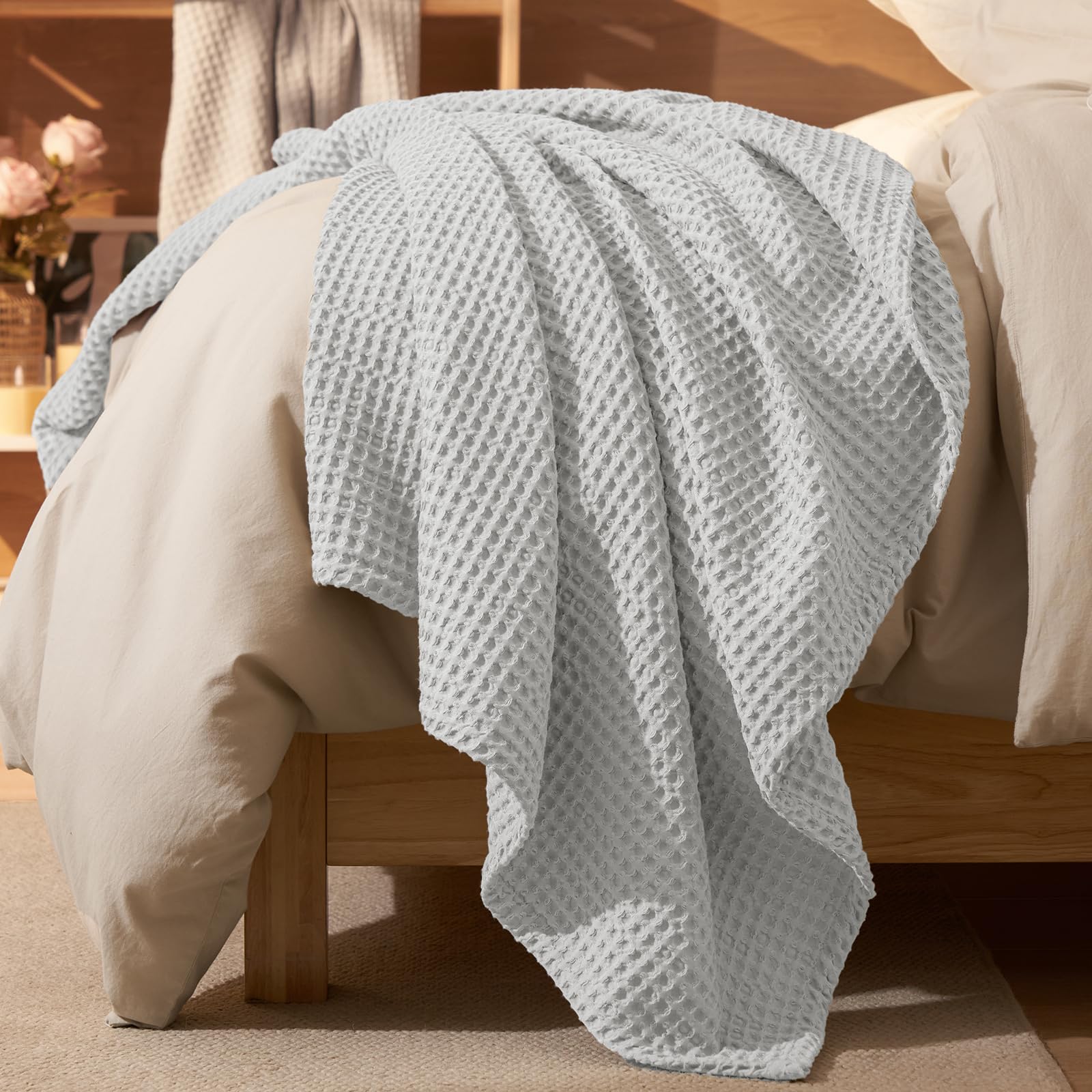 phf ultra soft waffle weave throw blanket 50"x 60"- washed lightweight breathable cozy woven blanket for bed - aesthetic decor for couch bedding sofa home car - light grey