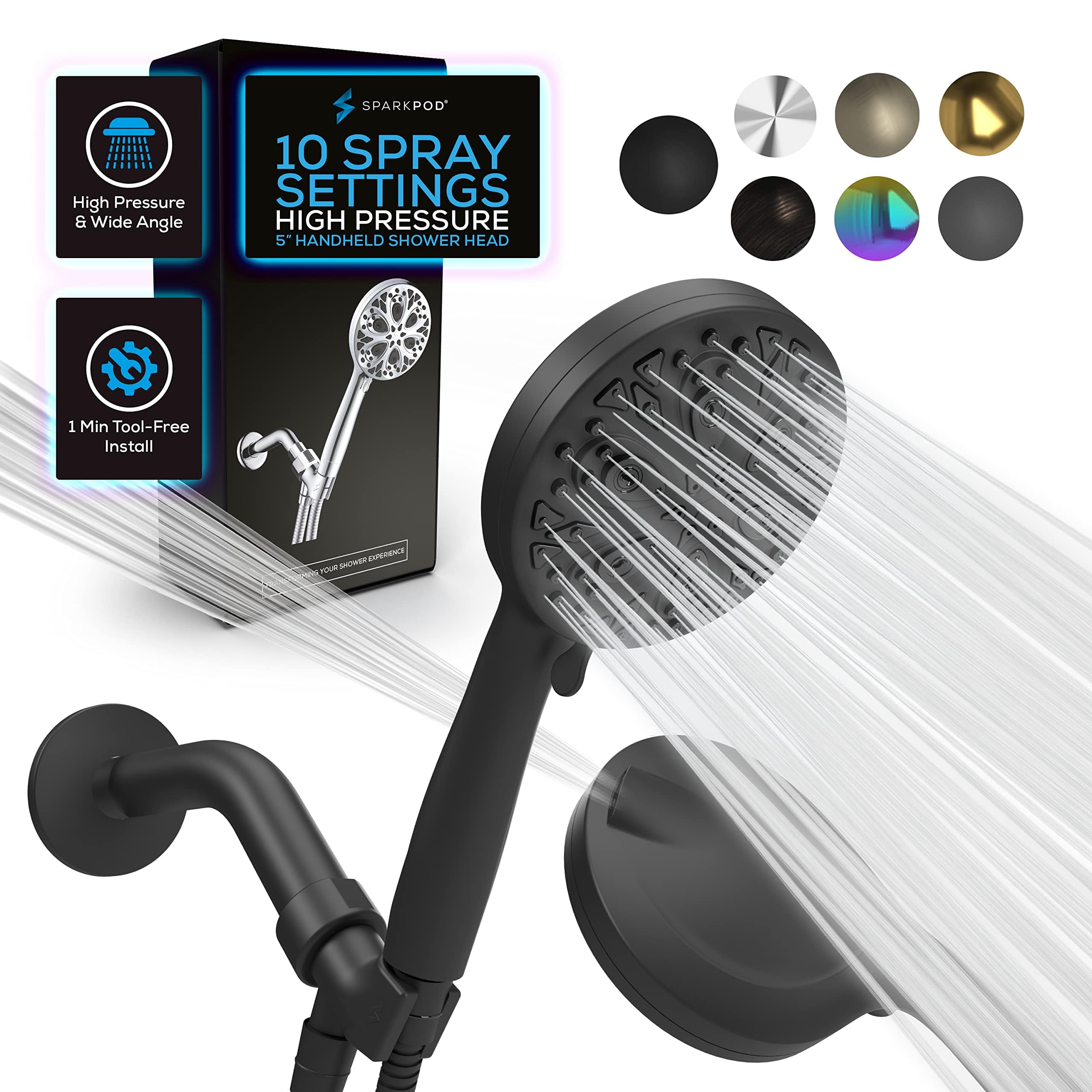 SparkPod 10 Spray Setting Shower Head with Handheld - Luxury 5" High Flow Hand Held Shower Head with High Pressure Jets, Premium Stainless Steel 6ft. Hose & Bracket (Midnight Black Matte)