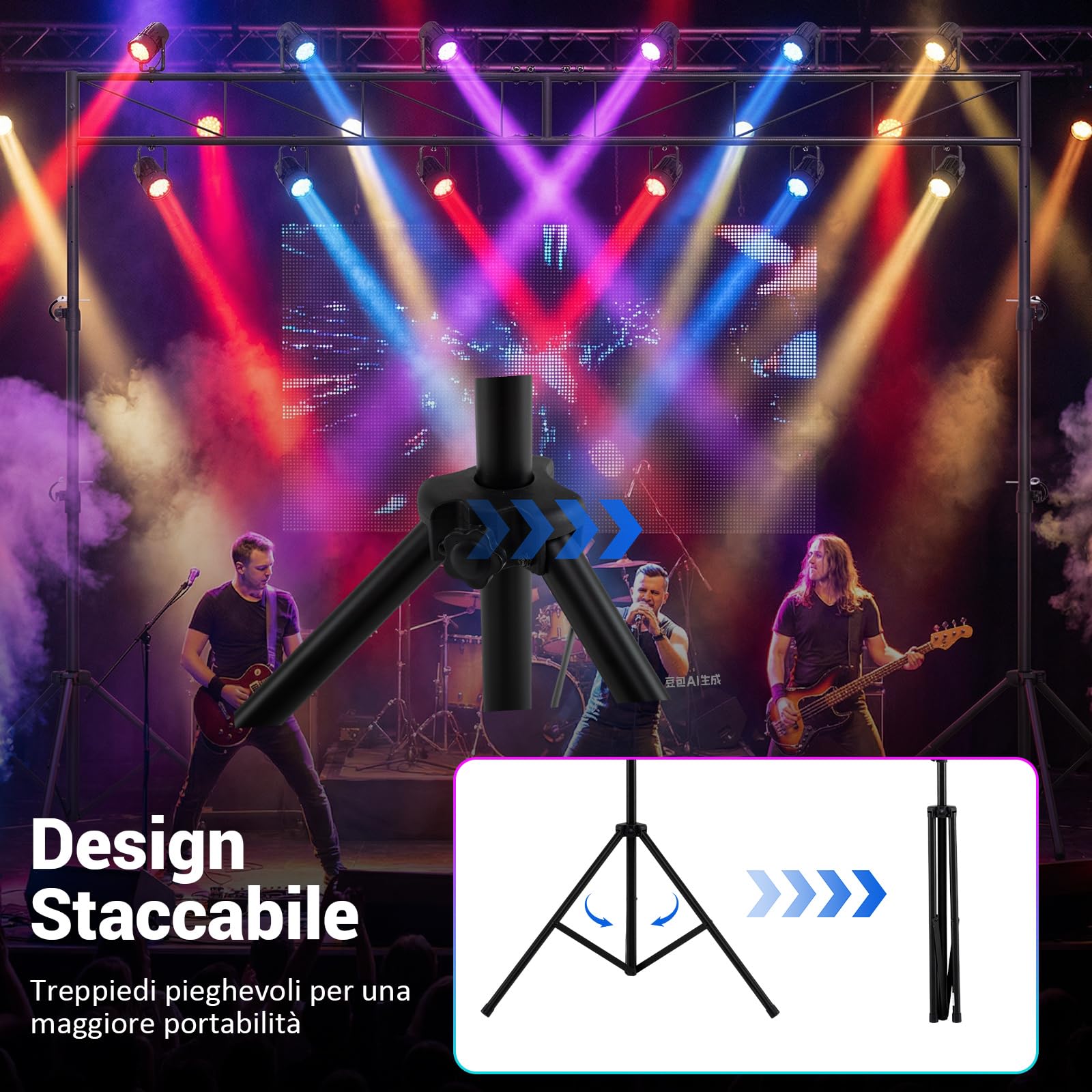COSTWAY Supporto Luce a Traliccio, Traliccio Luci Regolabile in Altezza 140-264,9 cm con Piedini Antiscivolo, Treppiede Stabile in Ferro, Portata 50 kg, Pieghevole per Palco, Eventi, Feste e Concerti